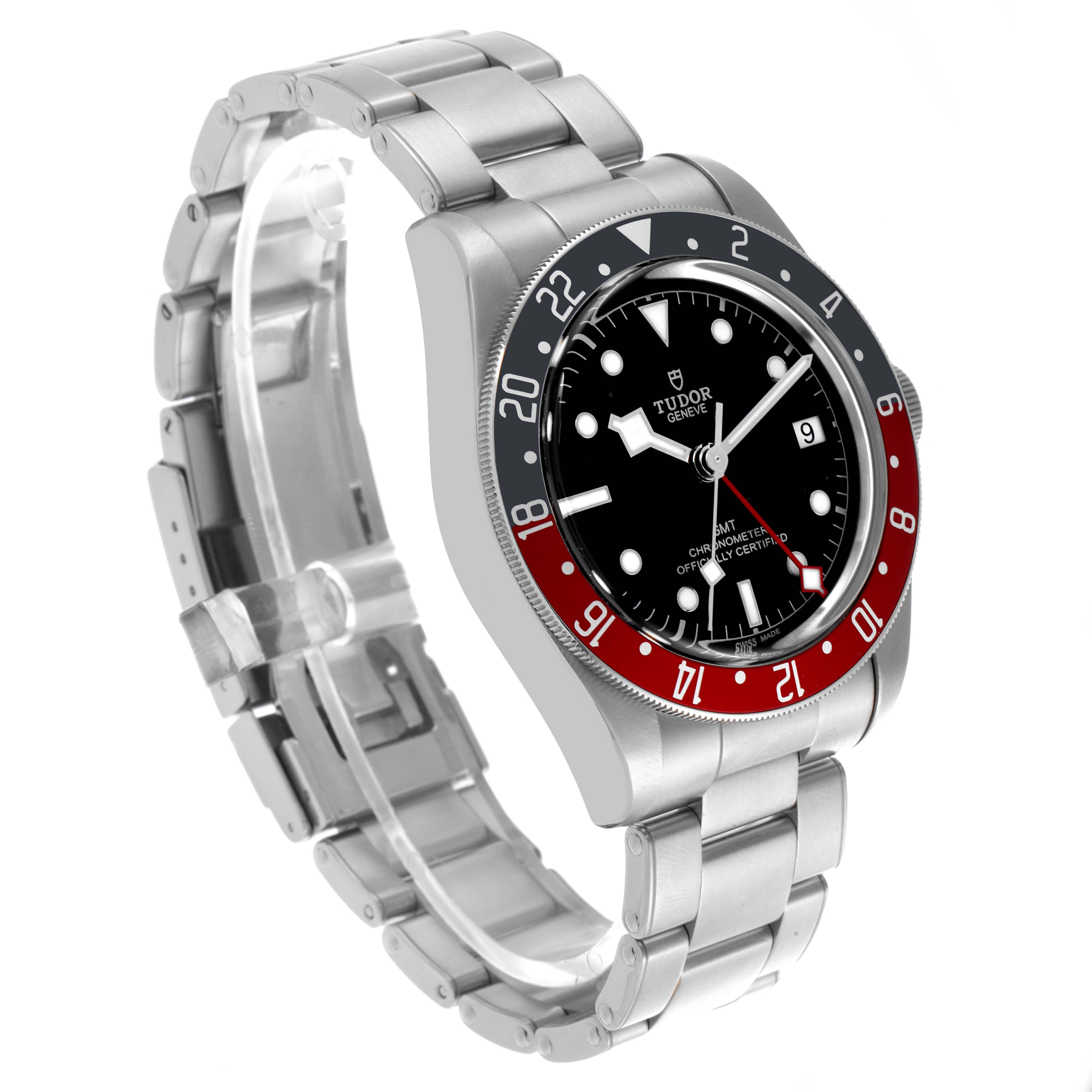 The Tudor Heritage Black Bay 79830RB Men's Stainless Steel Black Dial 79830RB Men's Stainless Steel Black Dial watch is shown at an angle displaying the face, bezel, and stainless steel bracelet.