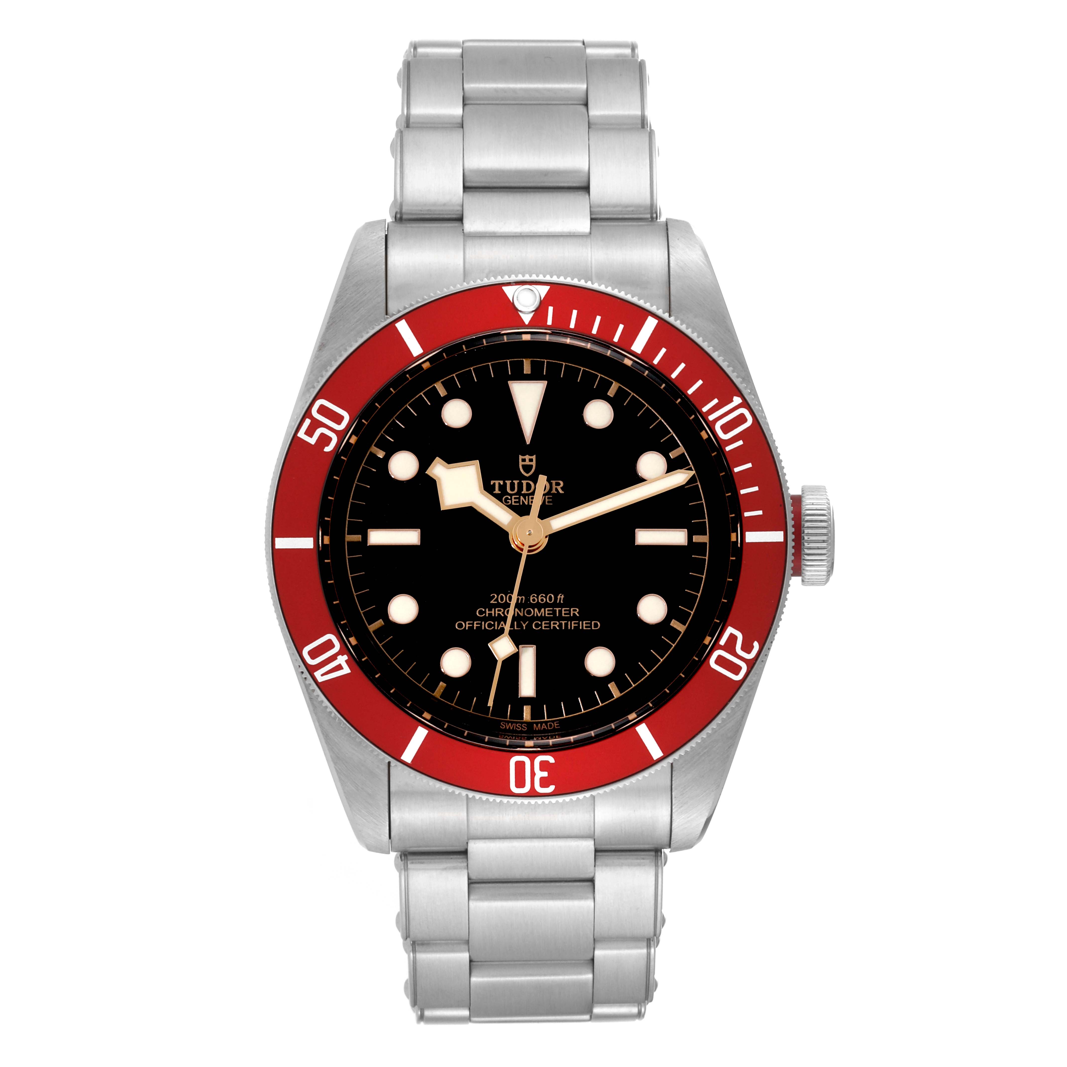 The image shows a front view of the Tudor Heritage Black Bay 79230R Men's Stainless Steel Black Dial 79230R Men's Stainless Steel Black Dial watch, displaying its dial, bezel, and bracelet.