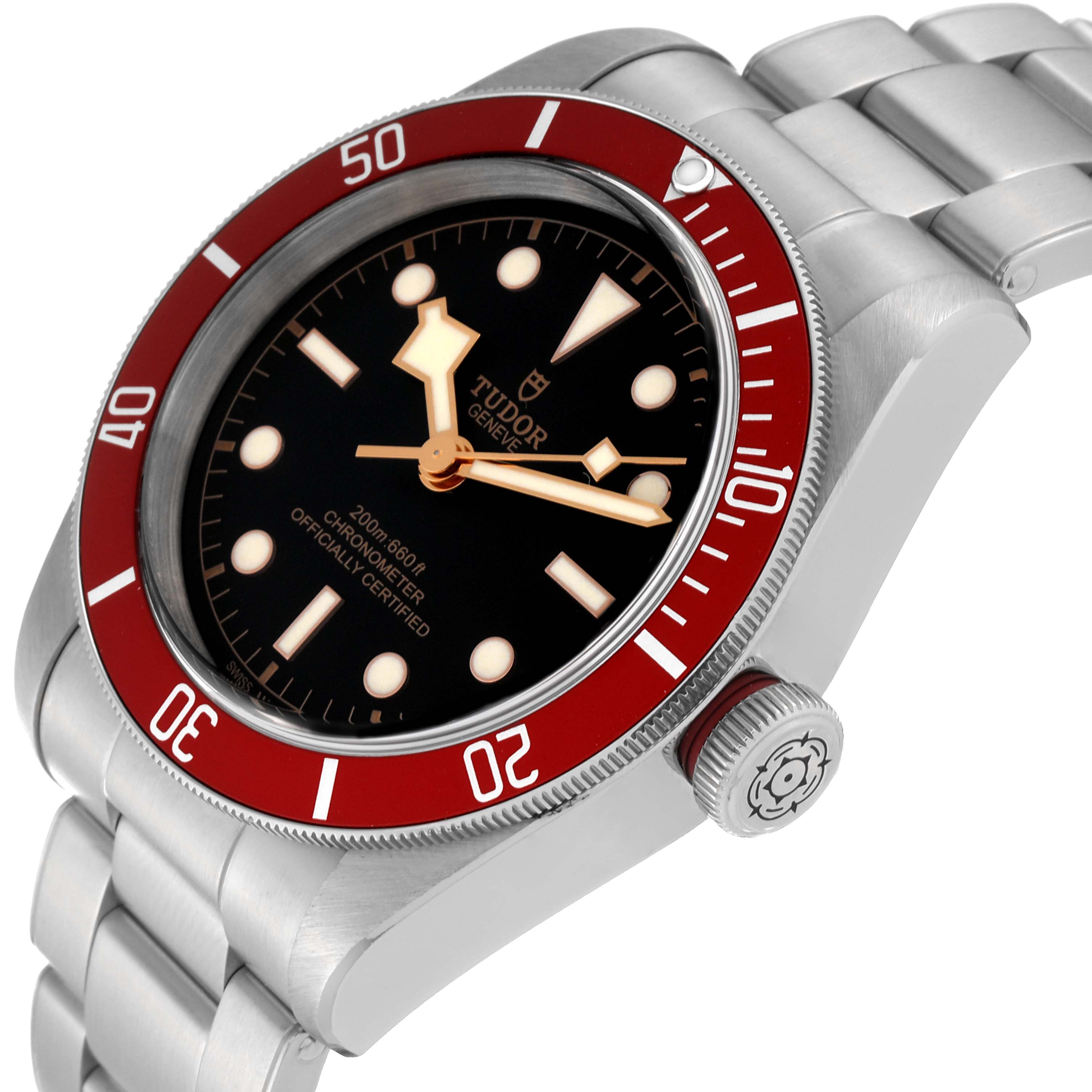 The image shows a Tudor Heritage Black Bay 79230R Men's Stainless Steel Black Dial 79230R Men's Stainless Steel Black Dial watch at an angled view, highlighting the bezel, dial, crown, and bracelet.