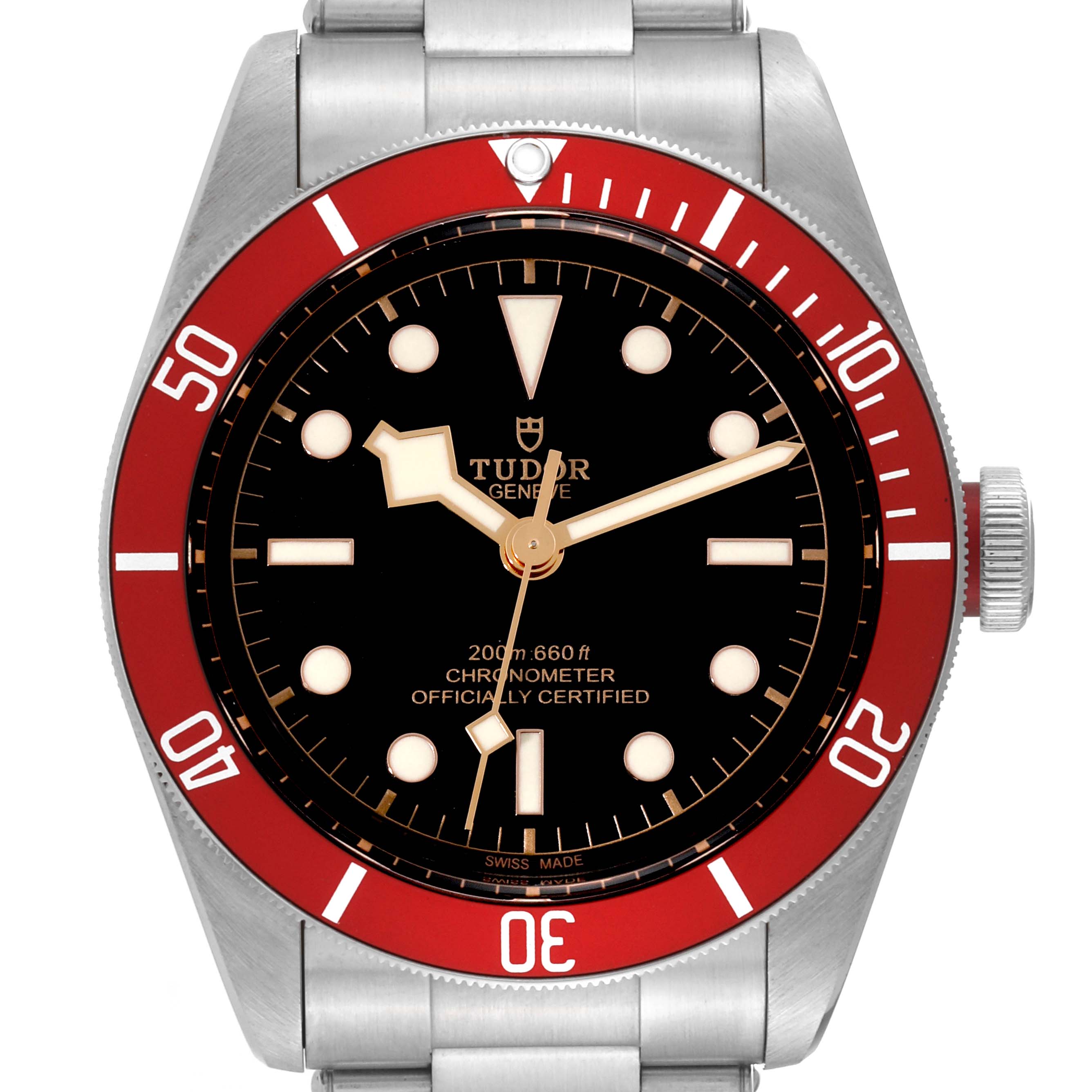 The image shows a front view of the Tudor Heritage Black Bay 79230R Men's Stainless Steel Black Dial 79230R Men's Stainless Steel Black Dial watch, displaying its red bezel, black dial, and stainless steel bracelet.