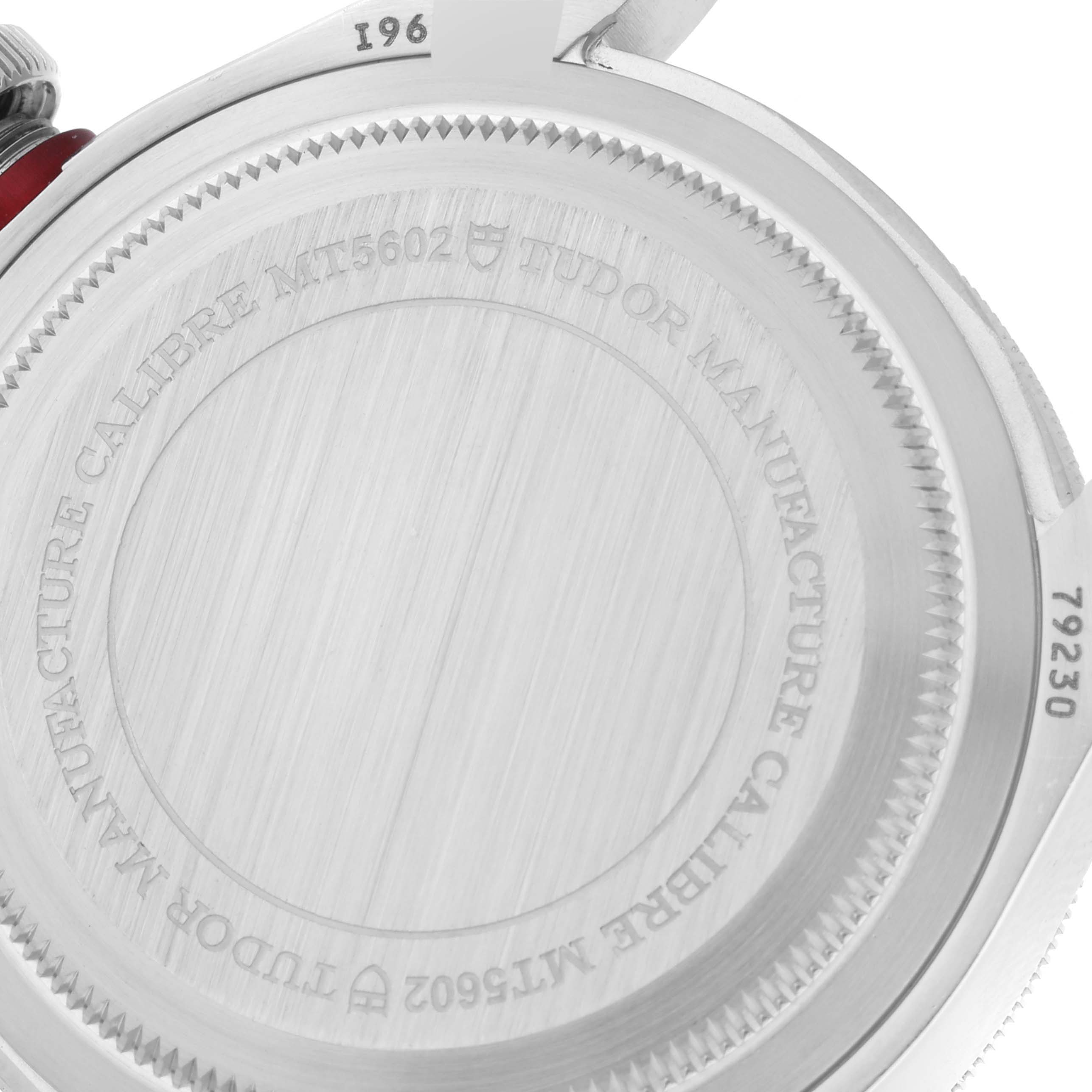 This image shows the engraved case back of a Tudor Heritage Black Bay 79230R Men's Stainless Steel Black Dial 79230R Men's Stainless Steel Black Dial watch.