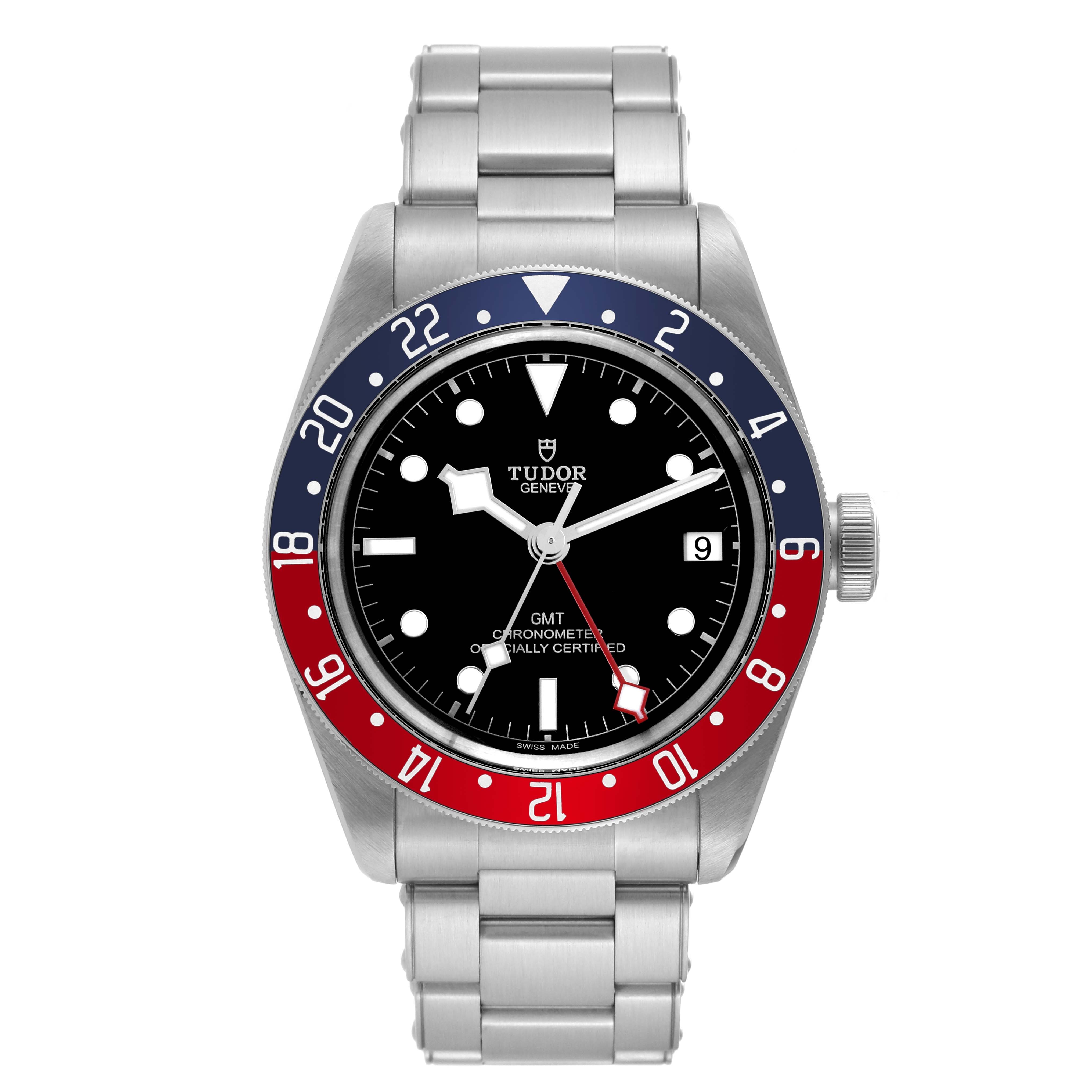 The image shows a front view of the Tudor Heritage Black Bay 79830RB Men's Stainless Steel Black Dial 79830RB Men's Stainless Steel Black Dial watch, highlighting its dial, bezel, and bracelet.