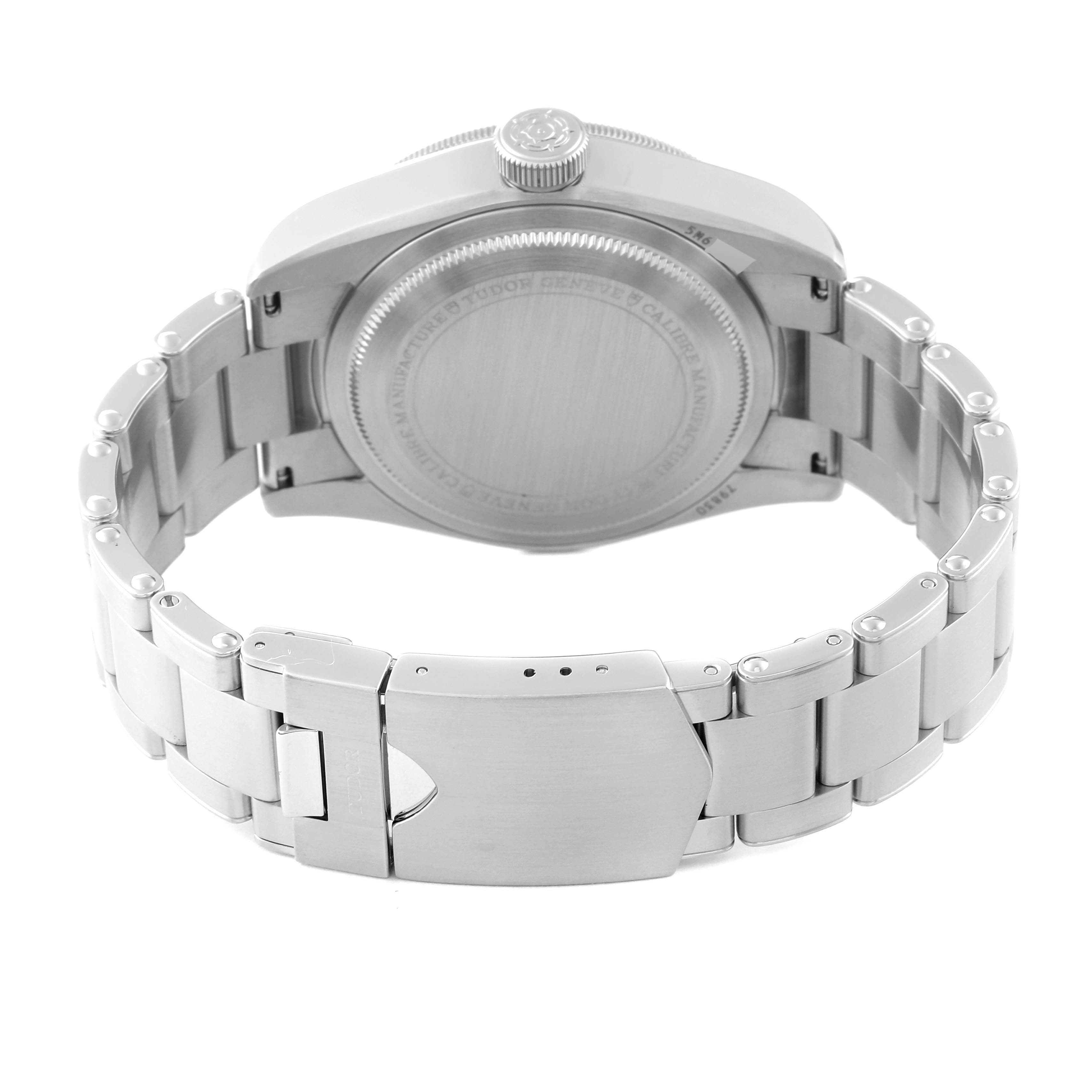 The image shows the back case and stainless steel bracelet of a Tudor Heritage Black Bay 79830RB Men's Stainless Steel Black Dial 79830RB Men's Stainless Steel Black Dial watch.