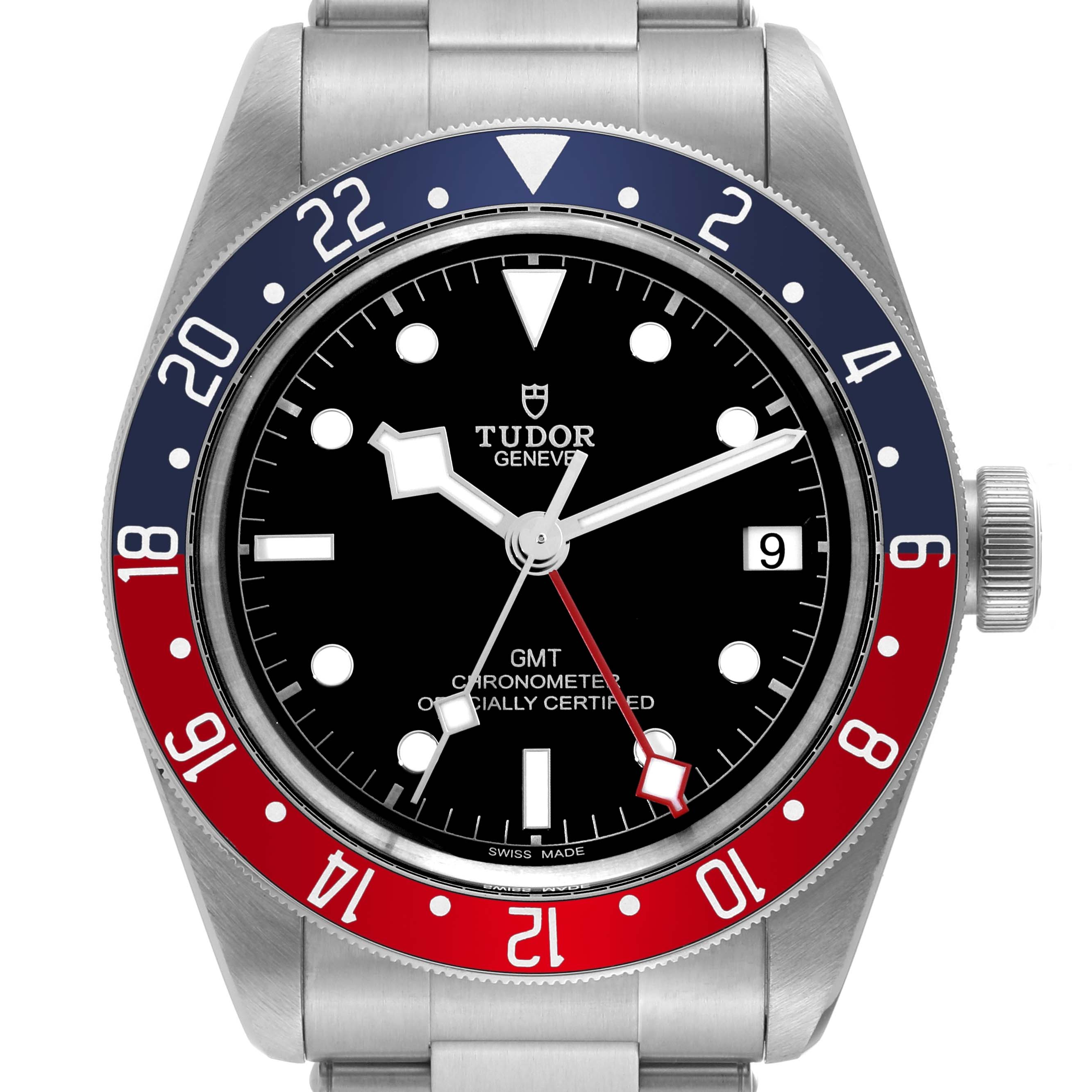 The image shows the Tudor Heritage Black Bay 79830RB Men's Stainless Steel Black Dial 79830RB Men's Stainless Steel Black Dial GMT watch from a straight-on angle, featuring its dial and bezel.