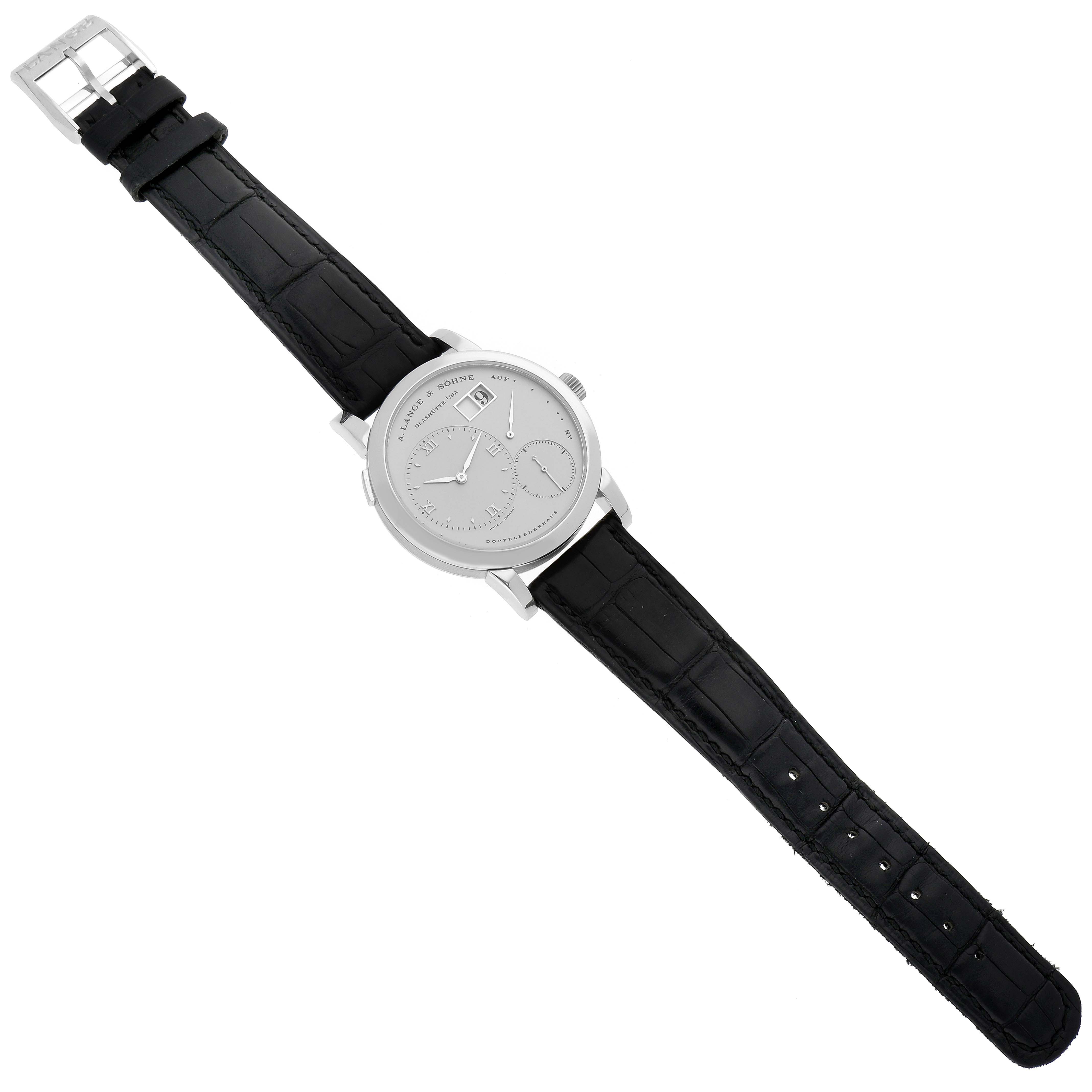 The Lange 1 watch by A. Lange 
Söhne is shown flat with the dial and leather strap fully visible.