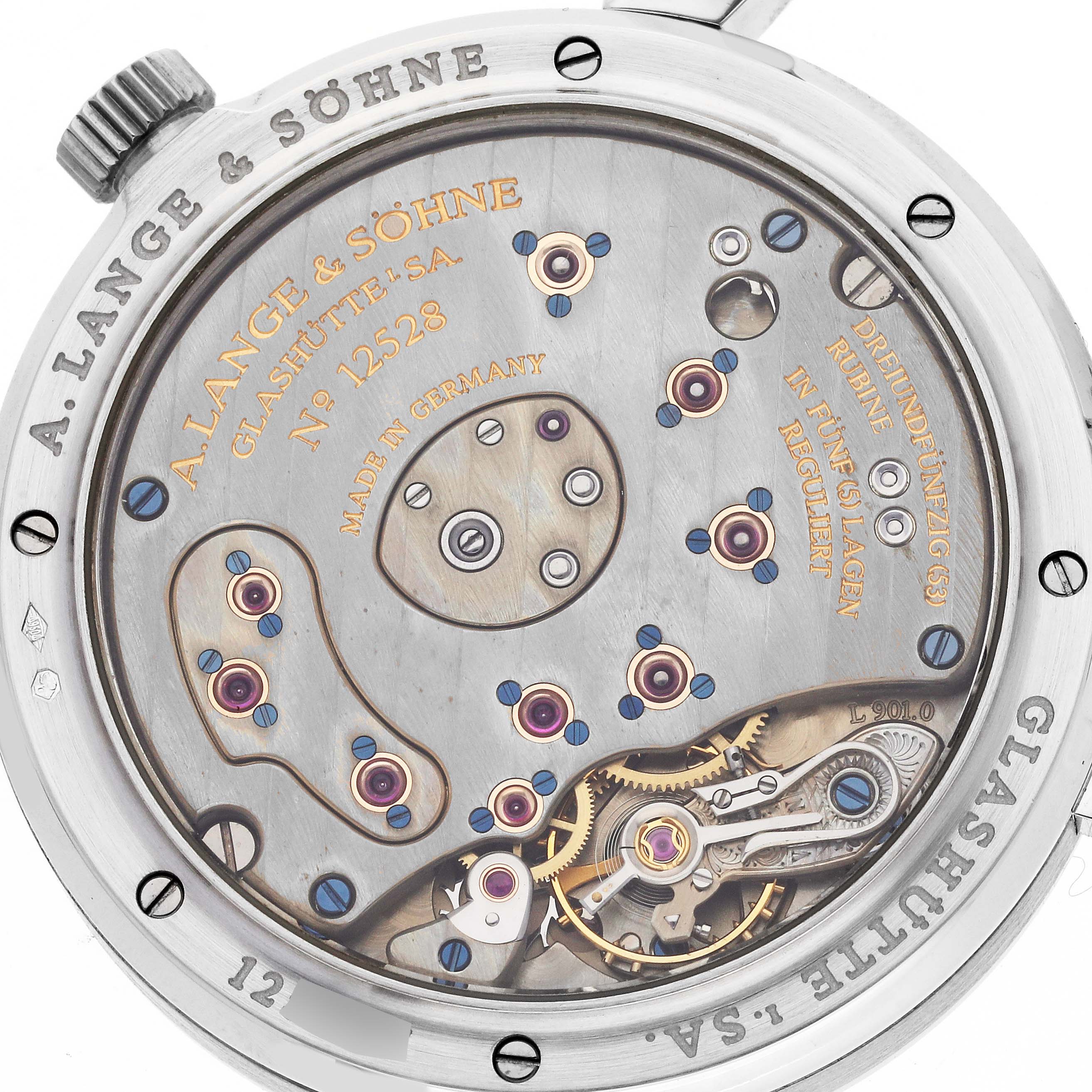 The image shows the back view of an A. Lange 
Sohne Lange 1 101.025 Men
s Platinum Silver Dial watch, revealing its intricate movement and engravings.