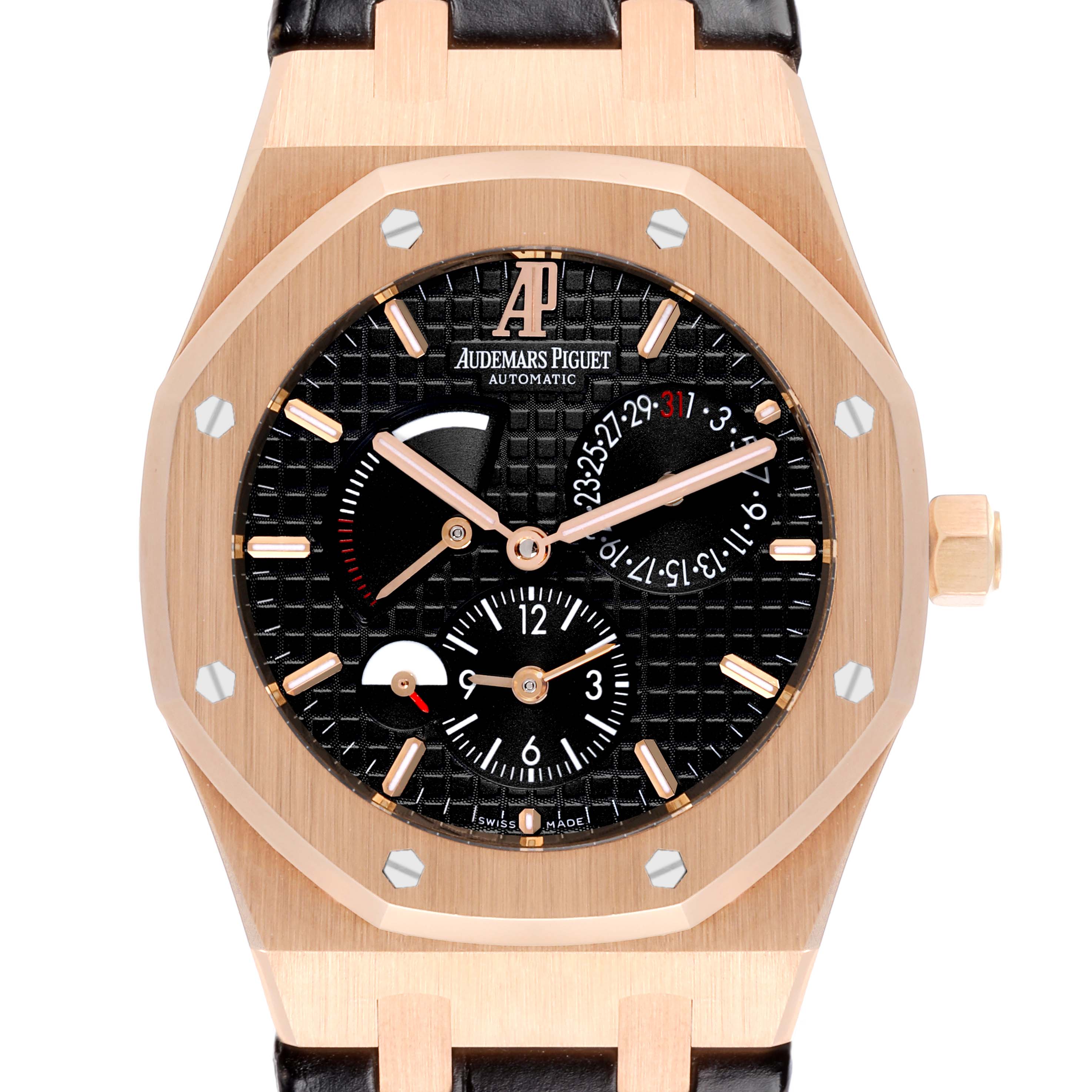 The Audemars Piguet Royal Oak 26120OR.OO.D088CR.01 Men's Rose Gold Black Dial 26120OR.OO.D088CR.01 Men's Rose Gold Black Dial watch is shown from the front, highlighting the dial, hour markers, and case.
