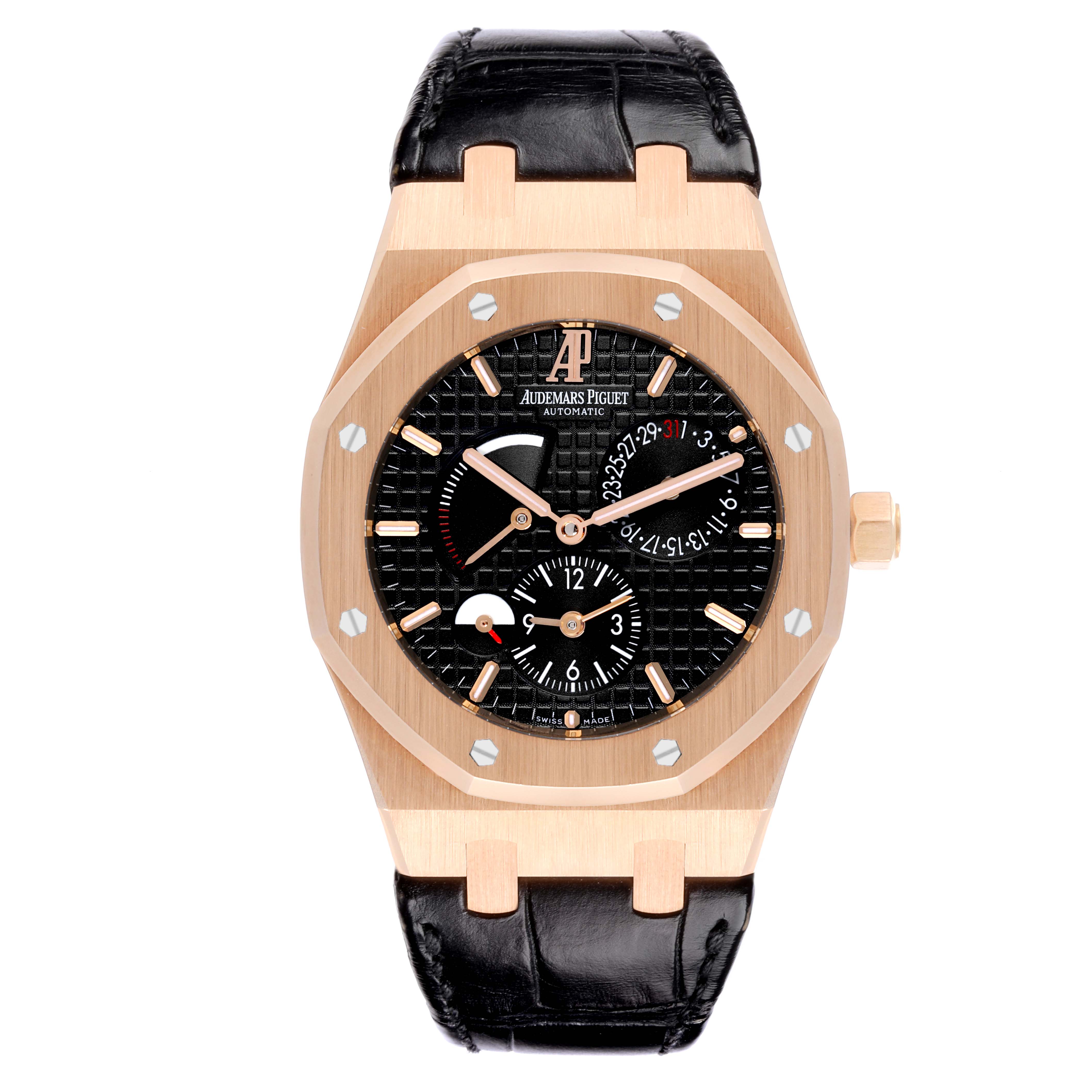 The Audemars Piguet Royal Oak 26120OR.OO.D088CR.01 Men's Rose Gold Black Dial 26120OR.OO.D088CR.01 Men's Rose Gold Black Dial watch is shown front-facing, displaying its face, bezel, crown, and black leather strap.