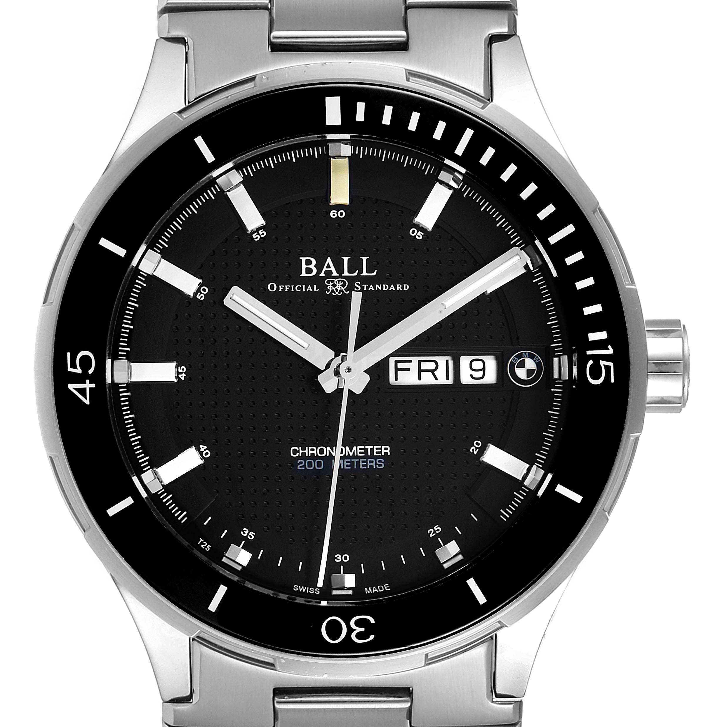 The image shows a close-up of the Ball Roadmaster DM3010B-SCJ-BE Men's Stainless Steel Black Dial DM3010B-SCJ-BE Men's Stainless Steel Black Dial watch face, including the bezel, dial, and part of the stainless steel bracelet.
