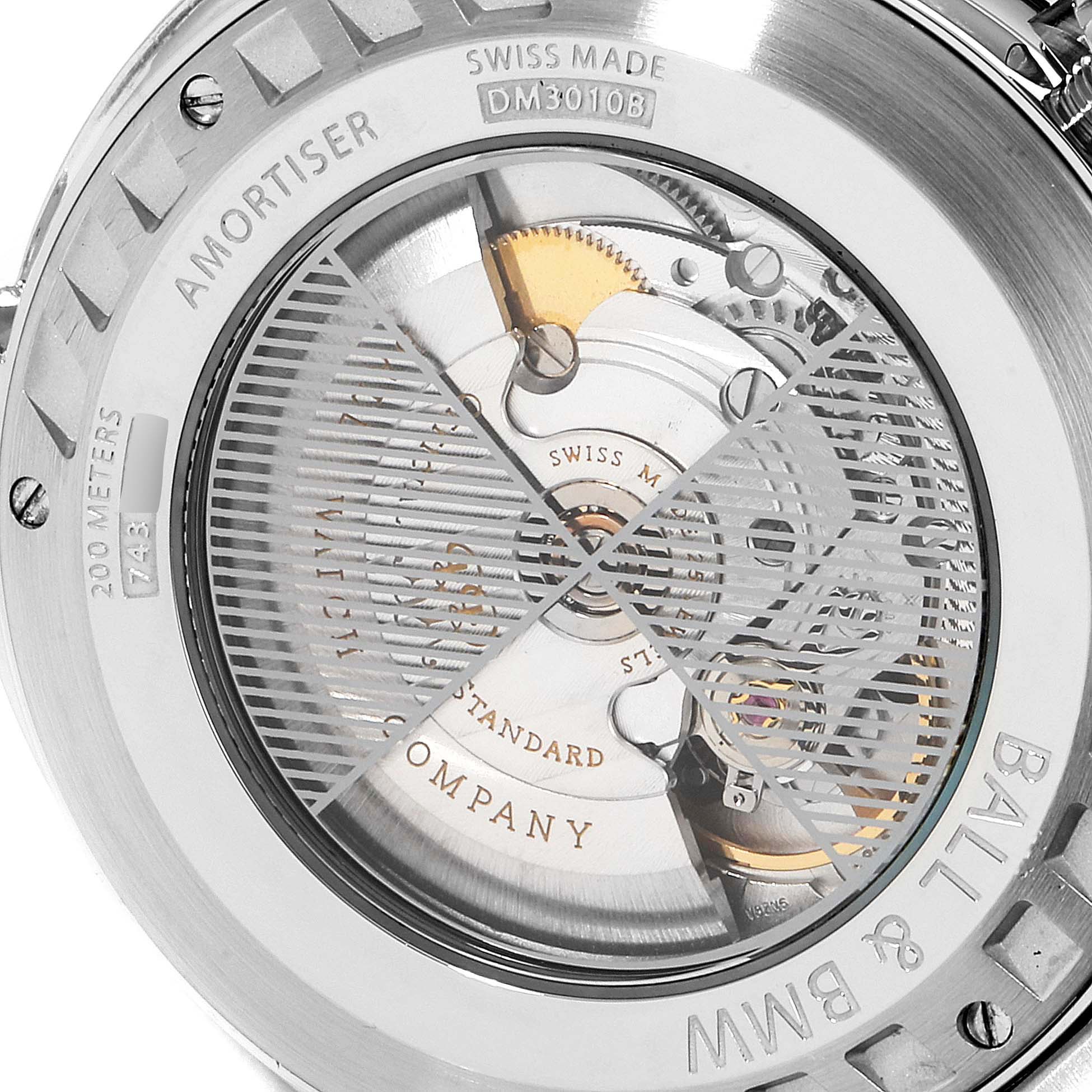 This image shows the back of the Ball Roadmaster DM3010B-SCJ-BE Men's Stainless Steel Black Dial DM3010B-SCJ-BE Men's Stainless Steel Black Dial watch, displaying its internal mechanism and markings.