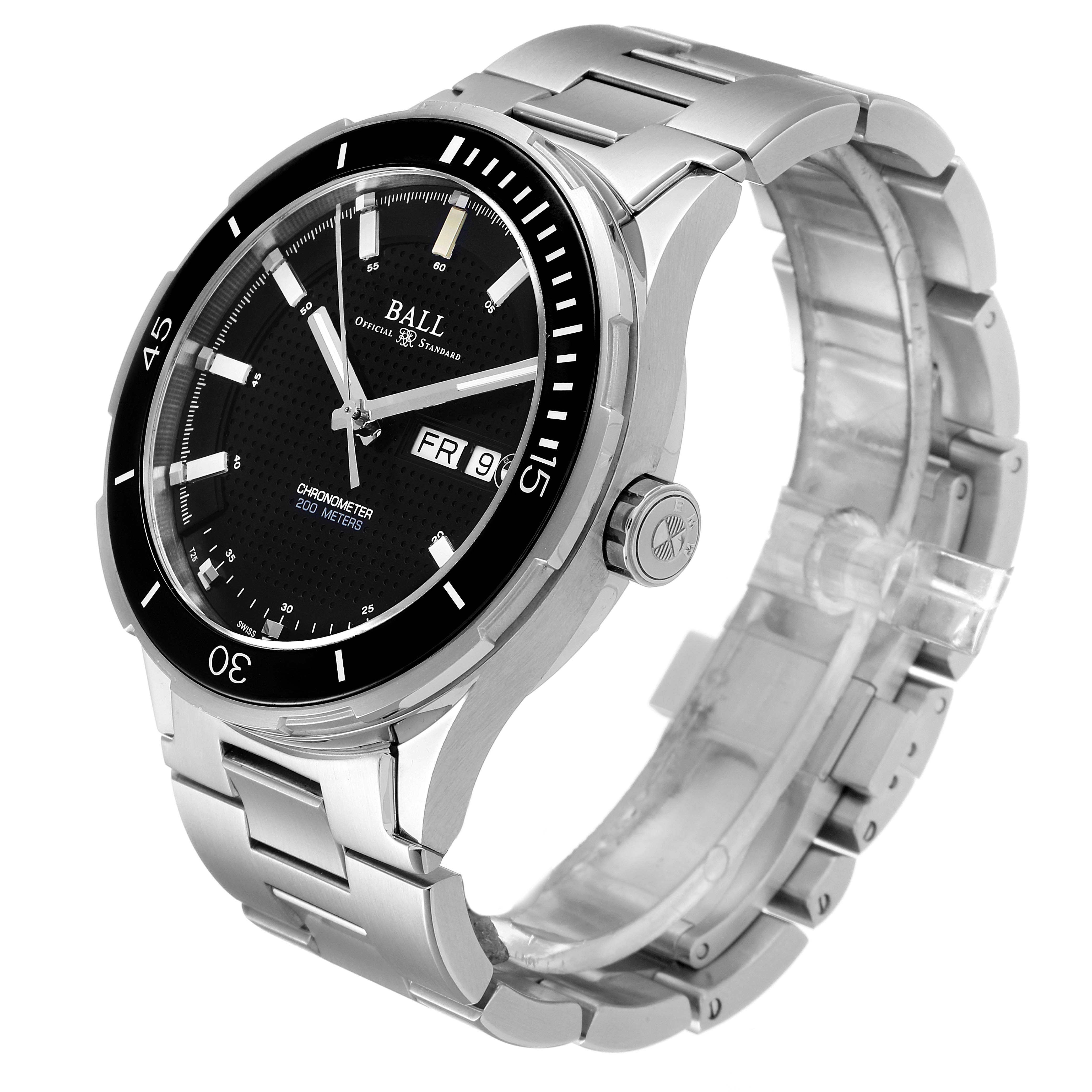 The image shows a Ball Roadmaster DM3010B-SCJ-BE Men's Stainless Steel Black Dial DM3010B-SCJ-BE Men's Stainless Steel Black Dial watch at a three-quarter angle, highlighting its black dial, bezel, silver bracelet, and crown.