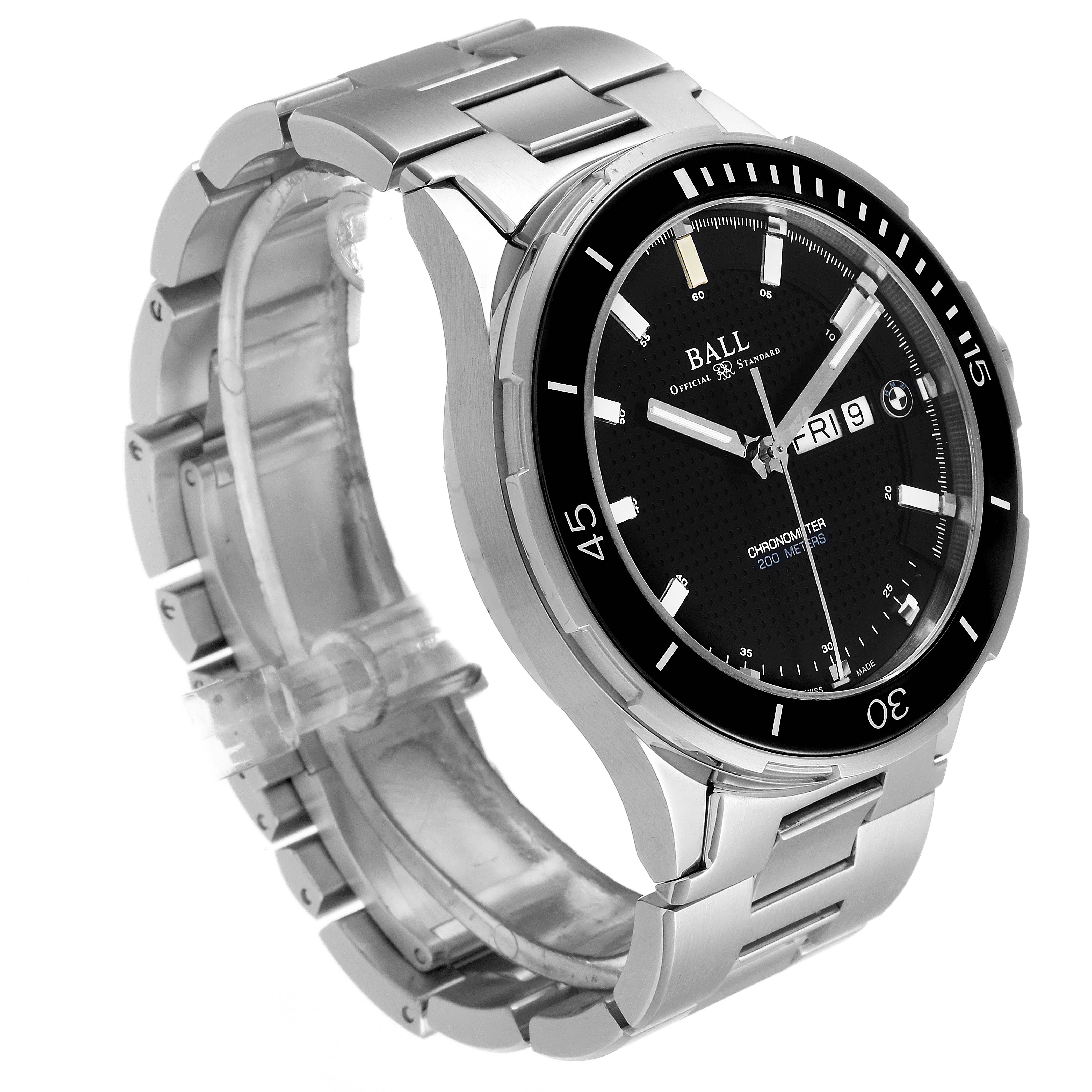 This image shows a side angle of the Ball Roadmaster DM3010B-SCJ-BE Men's Stainless Steel Black Dial DM3010B-SCJ-BE Men's Stainless Steel Black Dial watch, highlighting its face, bezel, and stainless steel bracelet.