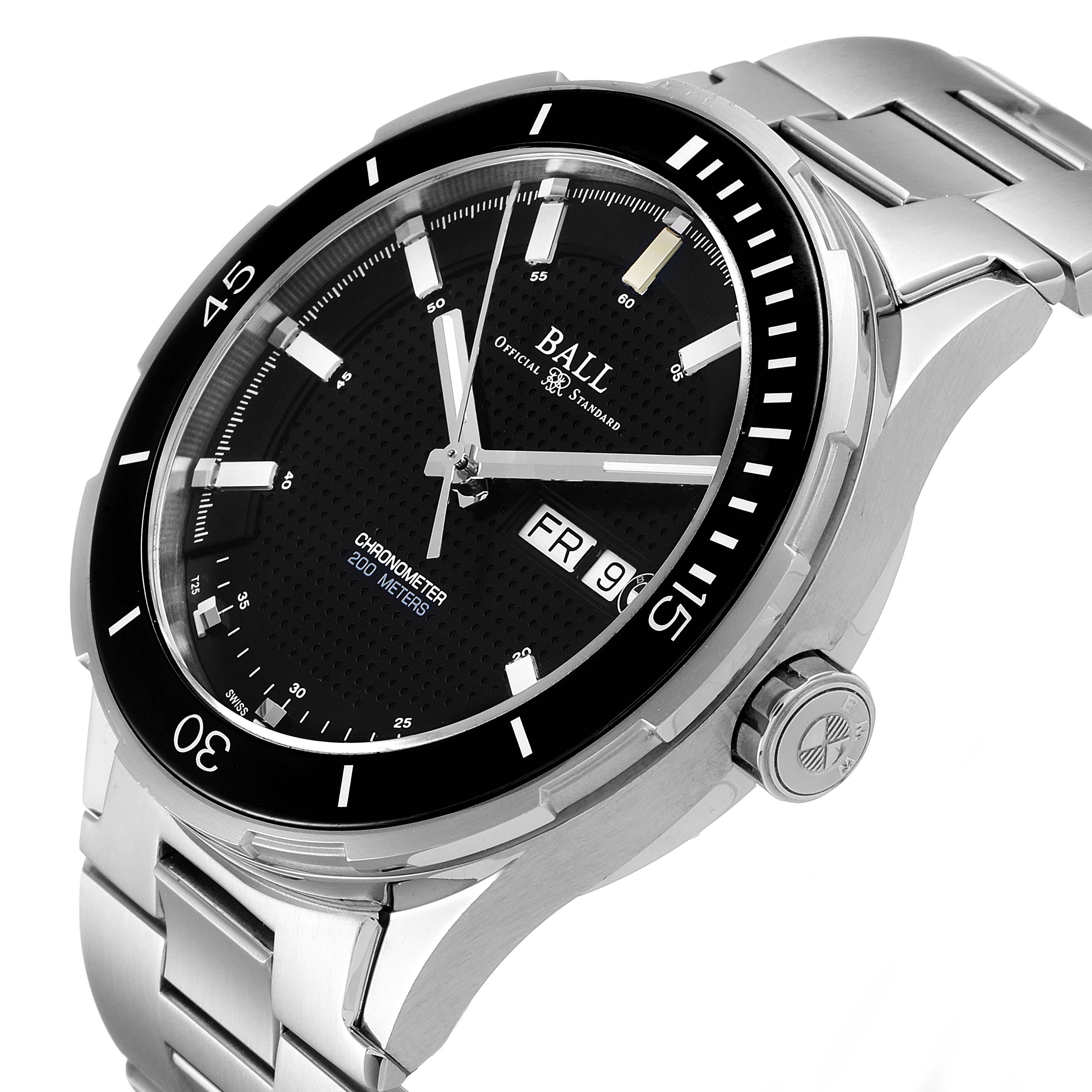 The image shows a Ball Roadmaster DM3010B-SCJ-BE Men's Stainless Steel Black Dial DM3010B-SCJ-BE Men's Stainless Steel Black Dial watch at a slight angle, highlighting its black dial, stainless steel bracelet, and side crown.