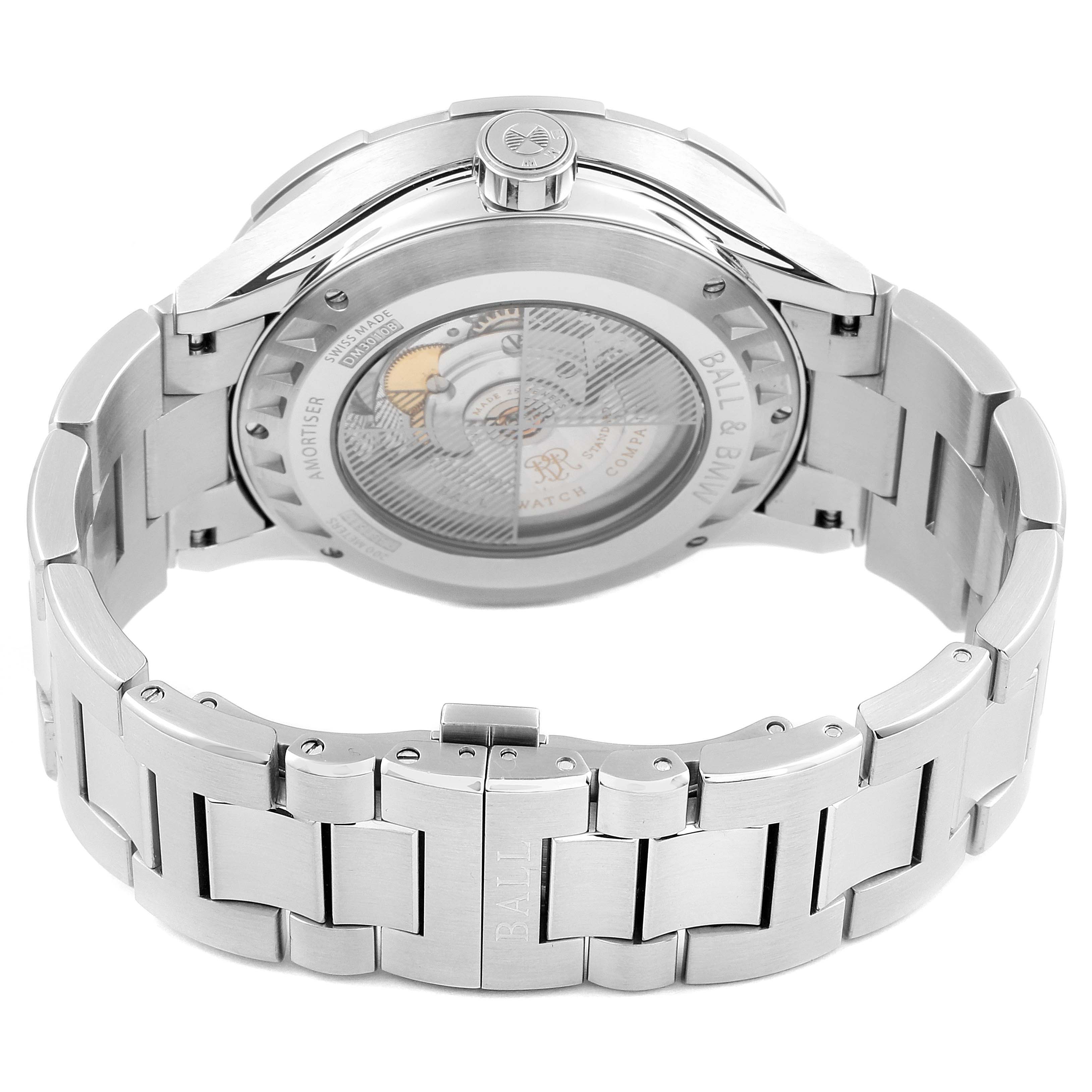 This image shows the rear view of the Ball Roadmaster DM3010B-SCJ-BE Men's Stainless Steel Black Dial DM3010B-SCJ-BE Men's Stainless Steel Black Dial watch, highlighting its case back, crown, and stainless steel bracelet.