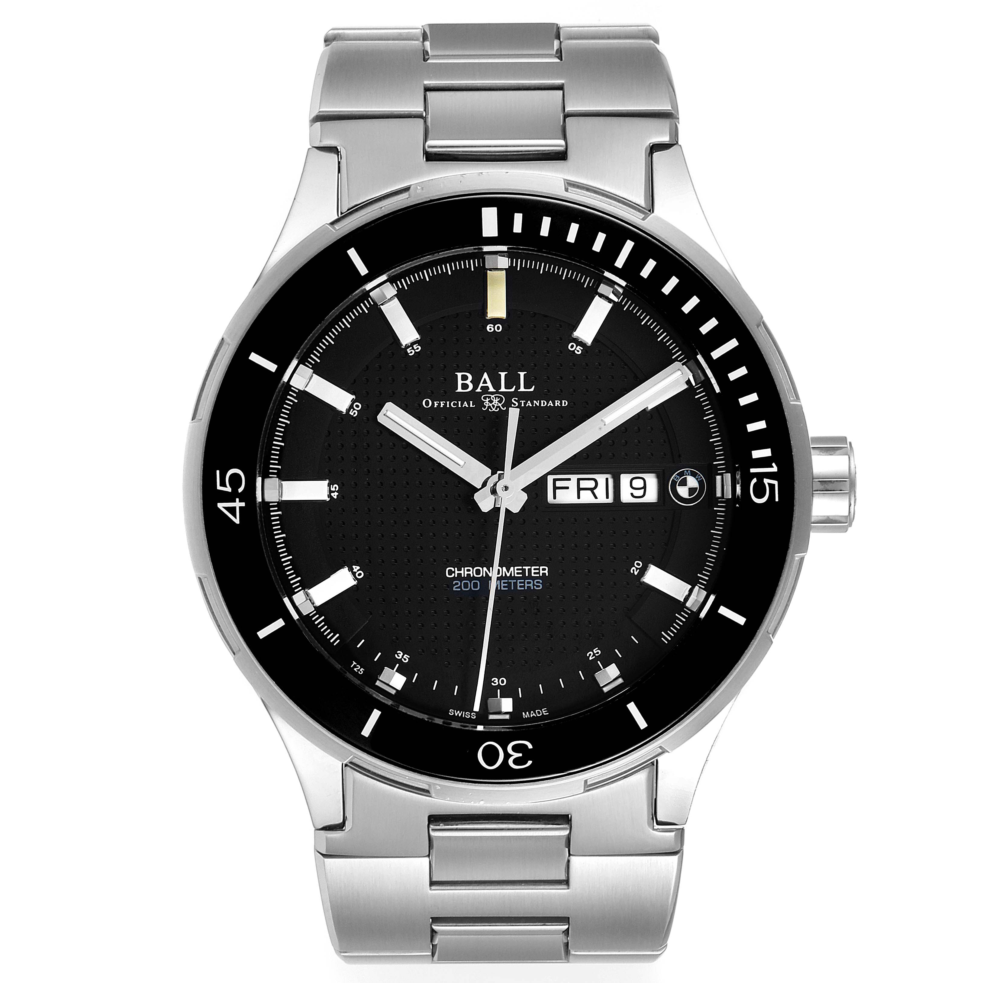 The image shows a Ball Roadmaster DM3010B-SCJ-BE Men's Stainless Steel Black Dial DM3010B-SCJ-BE Men's Stainless Steel Black Dial watch from a frontal angle, displaying the face, bezel, and metal bracelet.