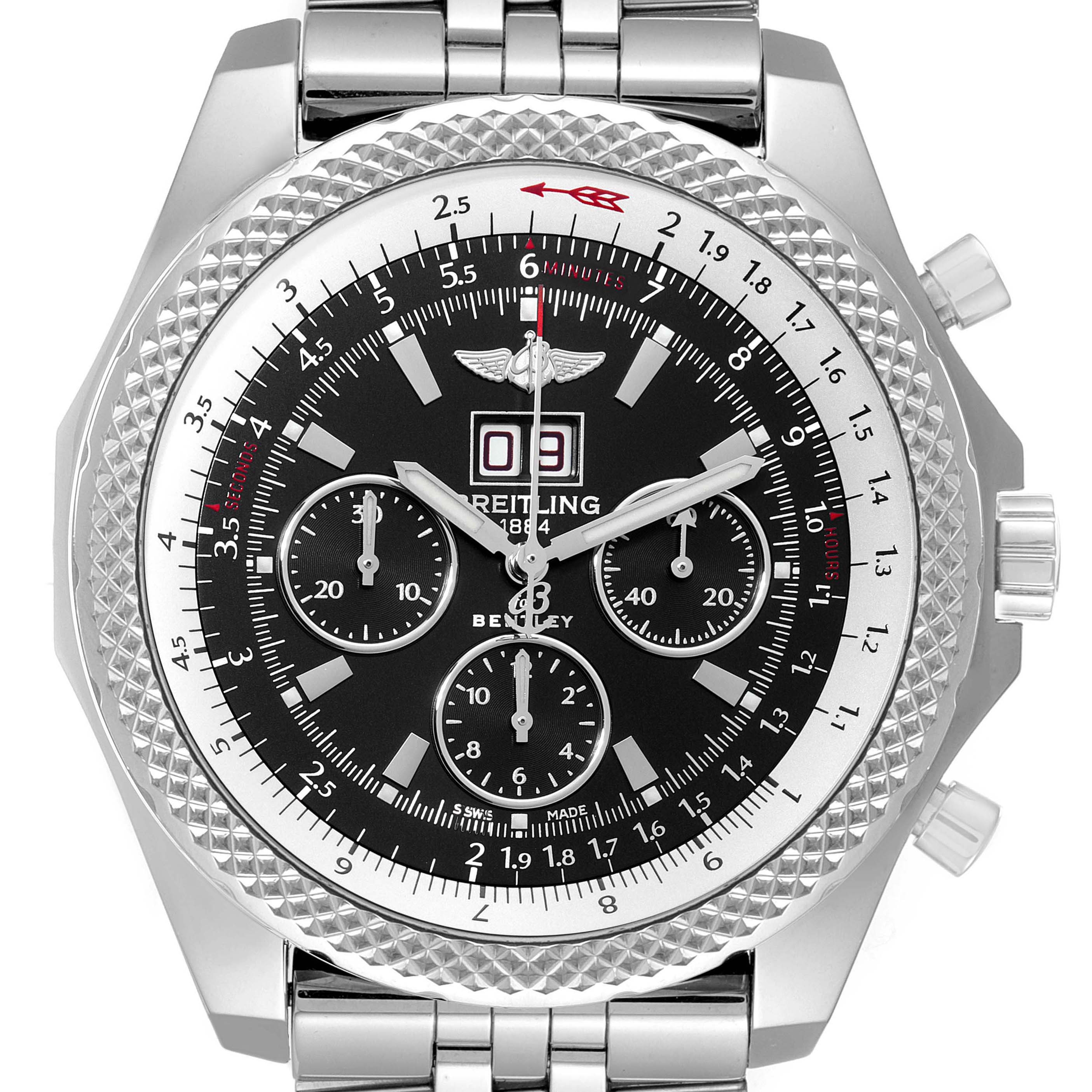 The image shows a close-up of the face and bezel of a Breitling Bentley A44364 Men's Stainless Steel Black Dial A44364 Men's Stainless Steel Black Dial watch.