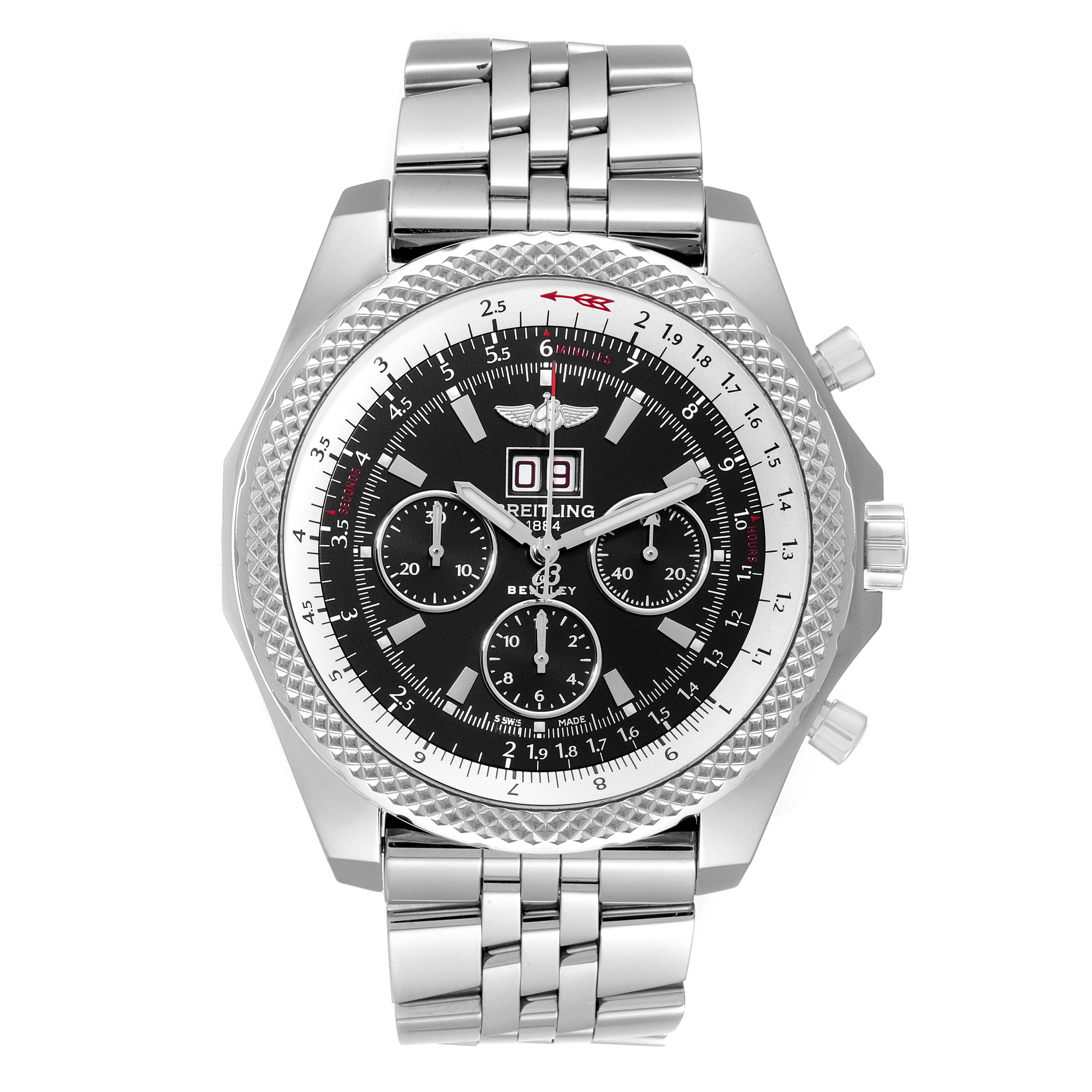 This is a Bentley model watch by Breitling, shown from a front angle displaying the face, stainless steel bezel, and bracelet.