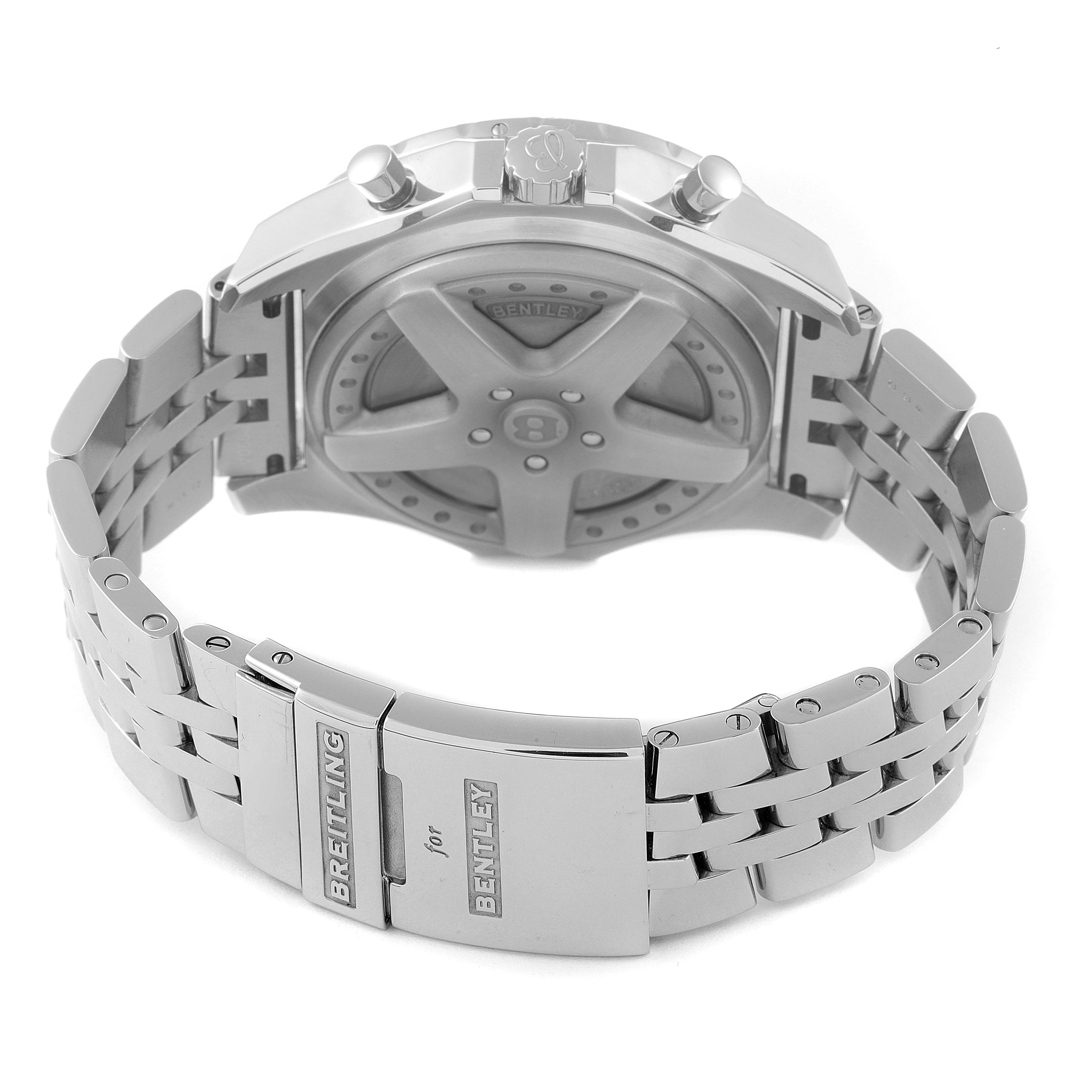 The image shows the back case and clasp of the Breitling Bentley A44364 Men's Stainless Steel Black Dial A44364 Men's Stainless Steel Black Dial model watch, highlighting the engraved logos.