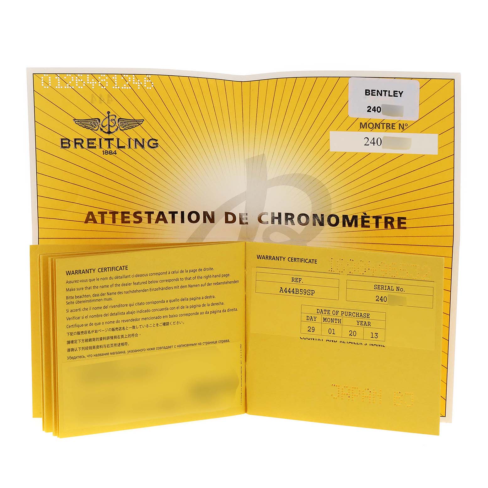 The image shows the warranty certificate and chronometer attestation booklet for the Breitling Bentley A44364 Men's Stainless Steel Black Dial A44364 Men's Stainless Steel Black Dial model watch.