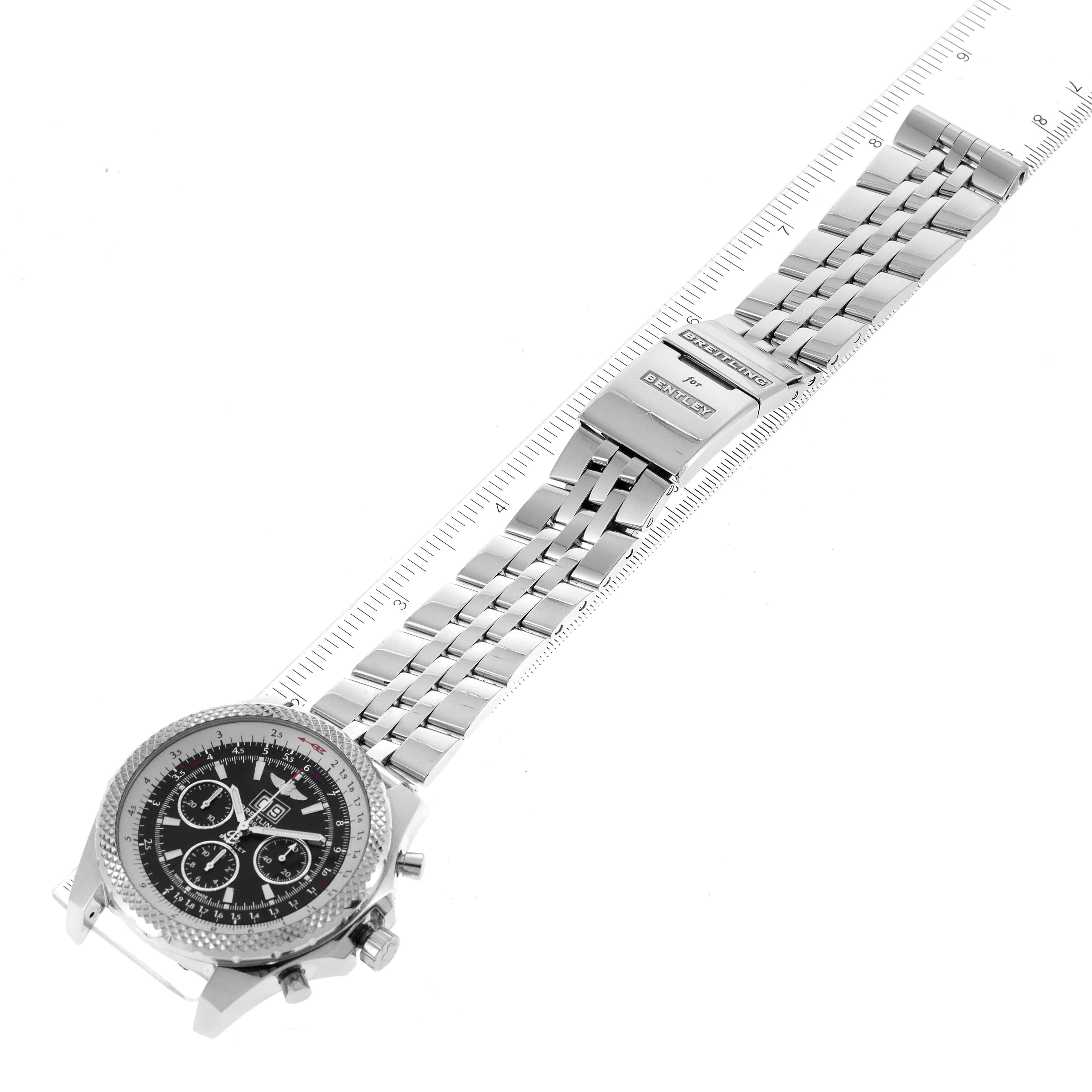 The image shows a top-down view of the Breitling Bentley A44364 Men's Stainless Steel Black Dial A44364 Men's Stainless Steel Black Dial model watch, displaying the face and the metal bracelet with clasps.