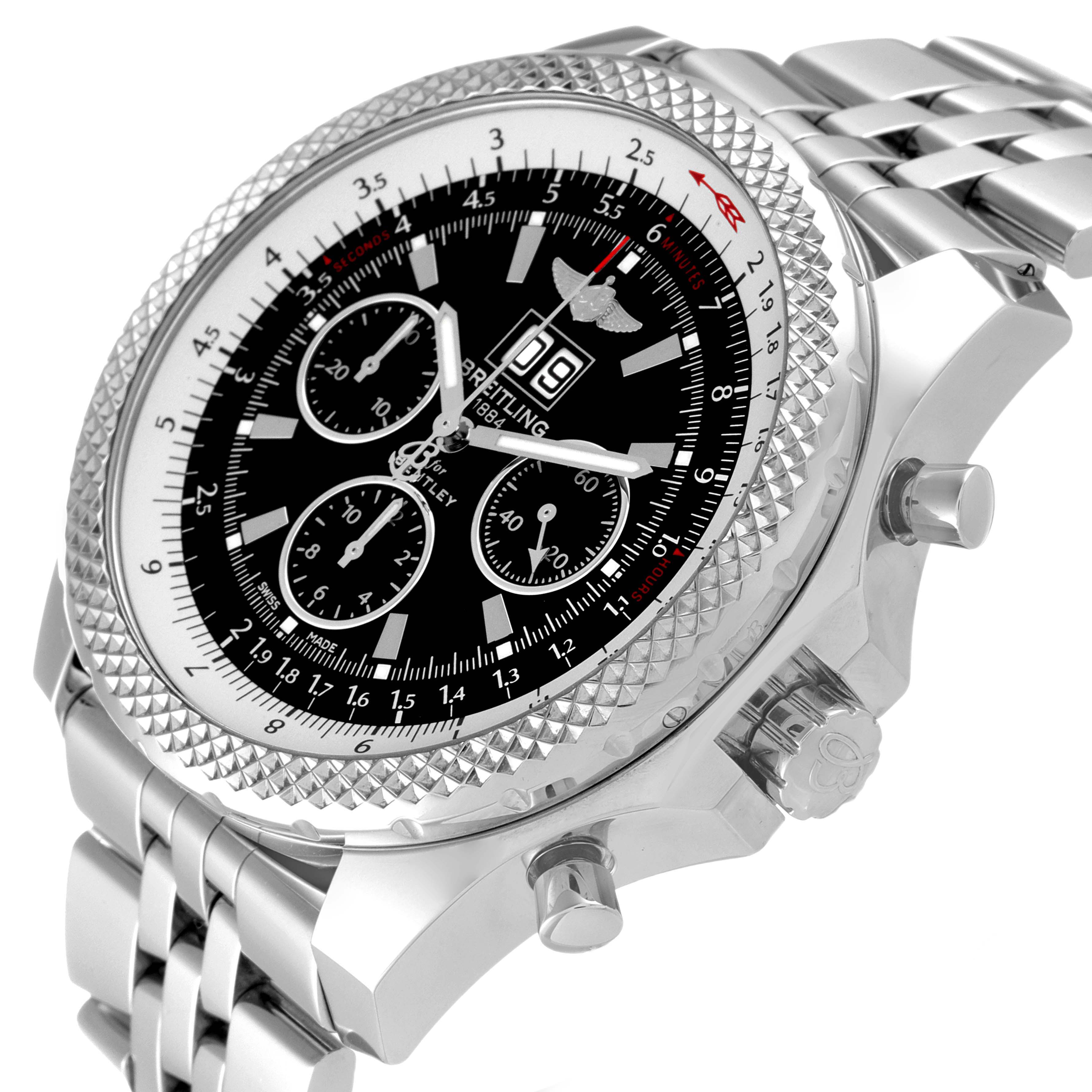 The Breitling Bentley A44364 Men's Stainless Steel Black Dial A44364 Men's Stainless Steel Black Dial watch is shown at an angle displaying its face, knobs, and linked metal bracelet.