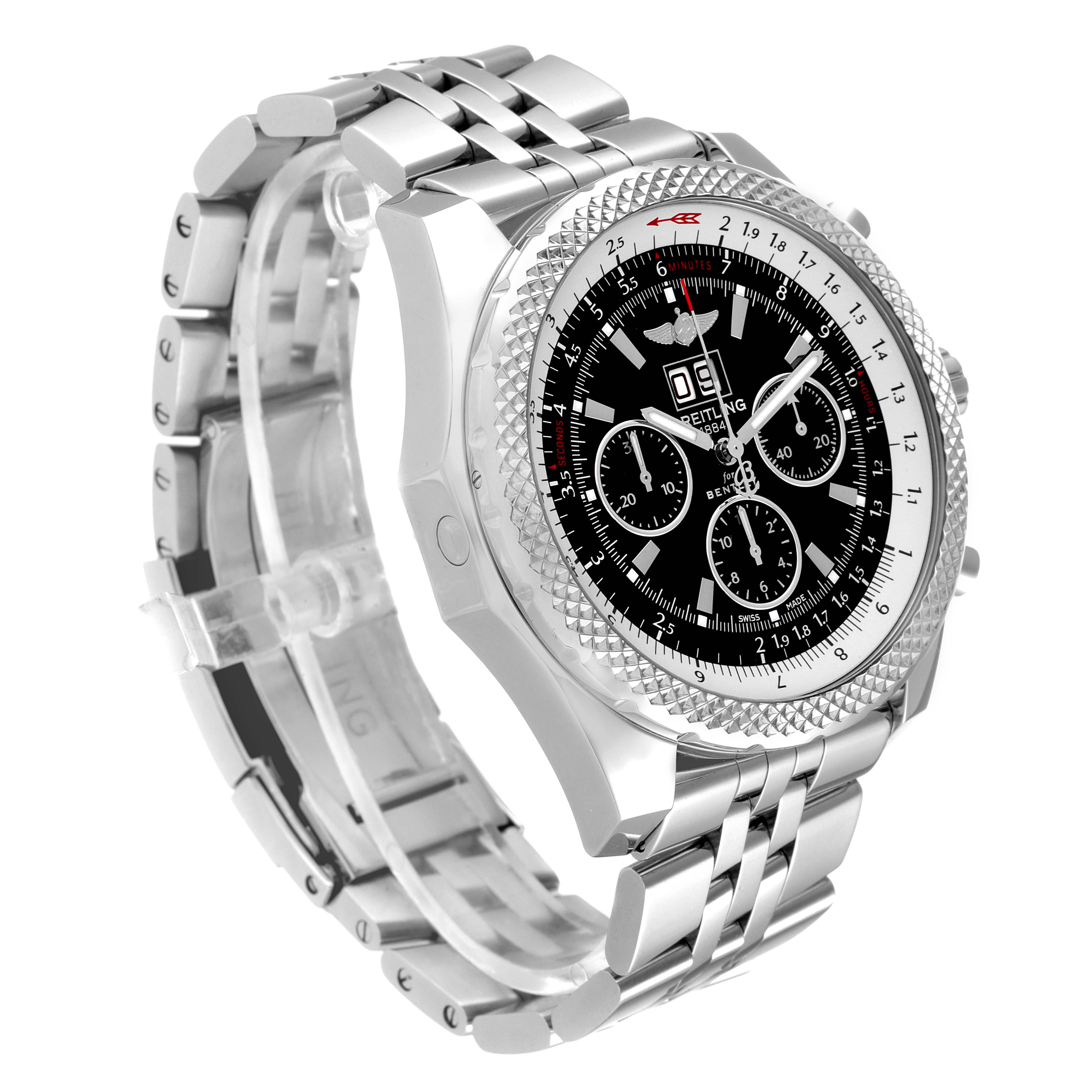 The Breitling Bentley A44364 Men's Stainless Steel Black Dial A44364 Men's Stainless Steel Black Dial watch is shown at a three-quarter angle showcasing its bracelet, bezel, and black dial with chronograph features.