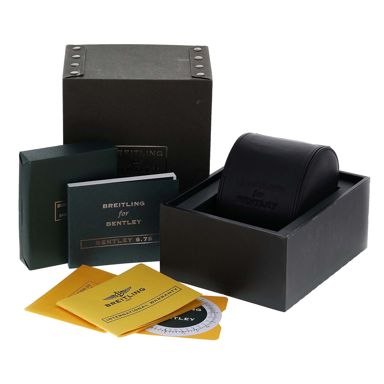 The image shows the packaging and accessories for the Bentley model watch by Breitling, including boxes, manuals, and warranty cards.