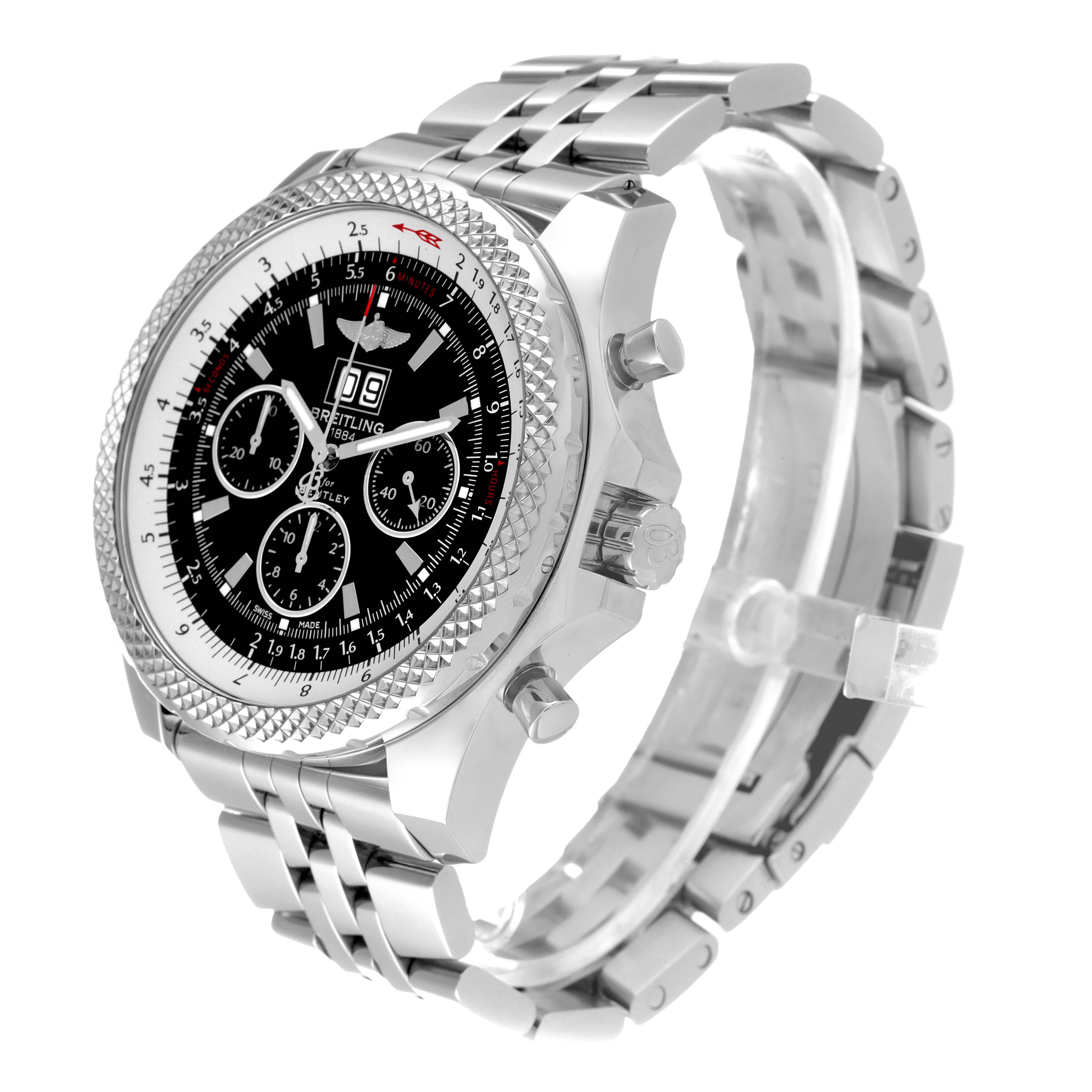 The image shows a Breitling Bentley A44364 Men's Stainless Steel Black Dial A44364 Men's Stainless Steel Black Dial model watch angled to display its face, crown, and metal bracelet.