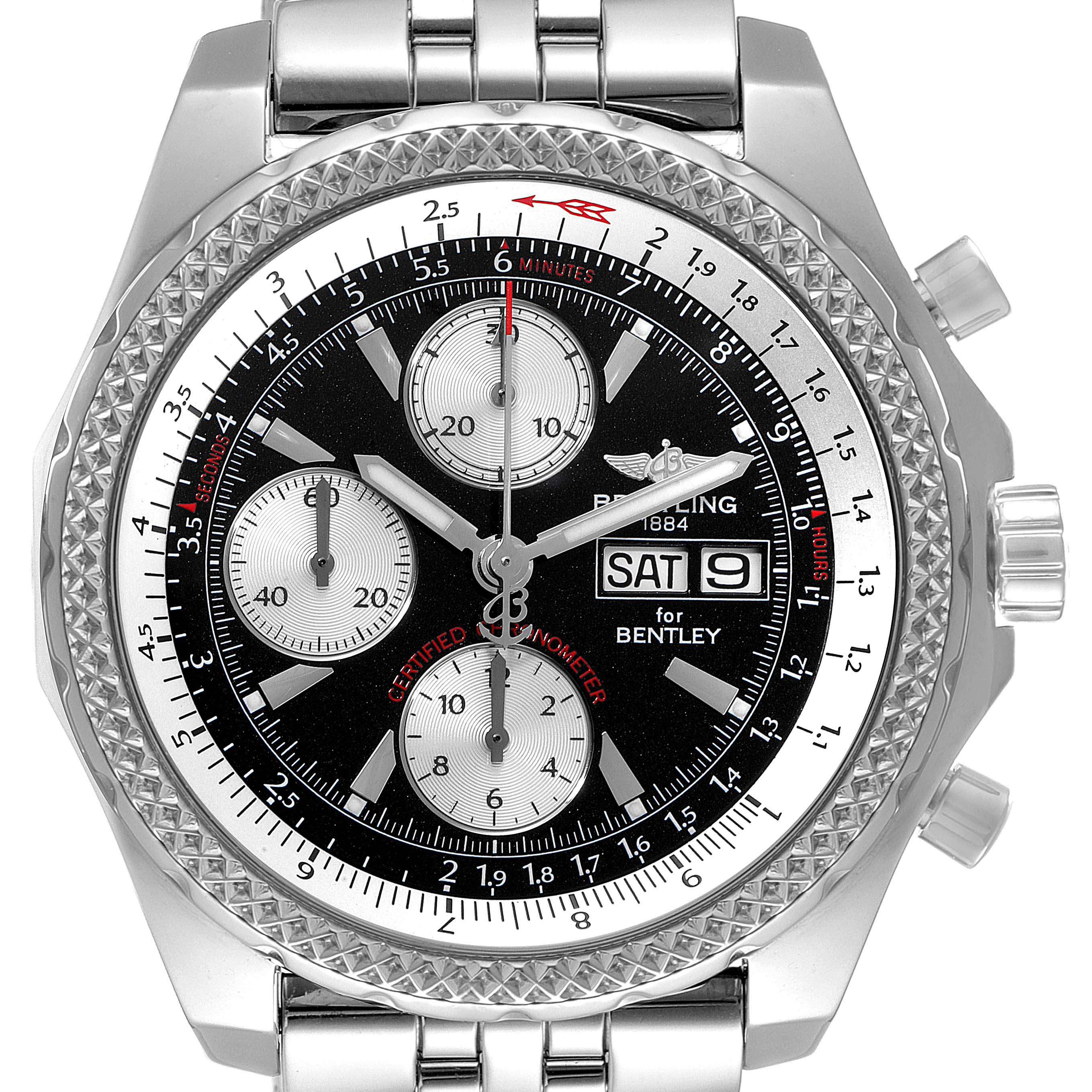 This close-up image shows the dial and bezel of the Breitling Bentley A13362 Men's Stainless Steel Black Dial A13362 Men's Stainless Steel Black Dial model, focusing on its chronograph and date displays.