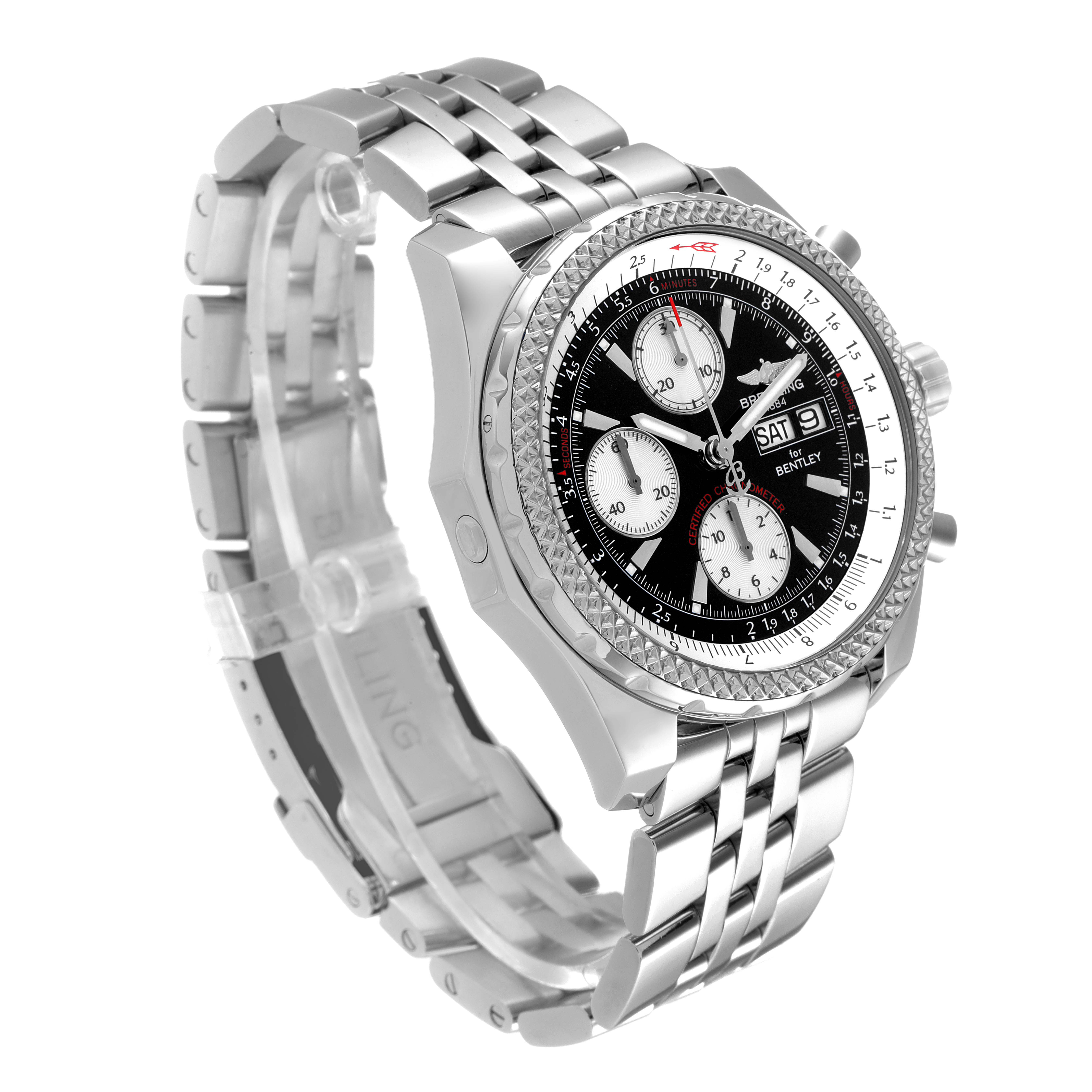 The Bentley model by Breitling is shown at a slight side angle, highlighting its intricate dial and metal bracelet.