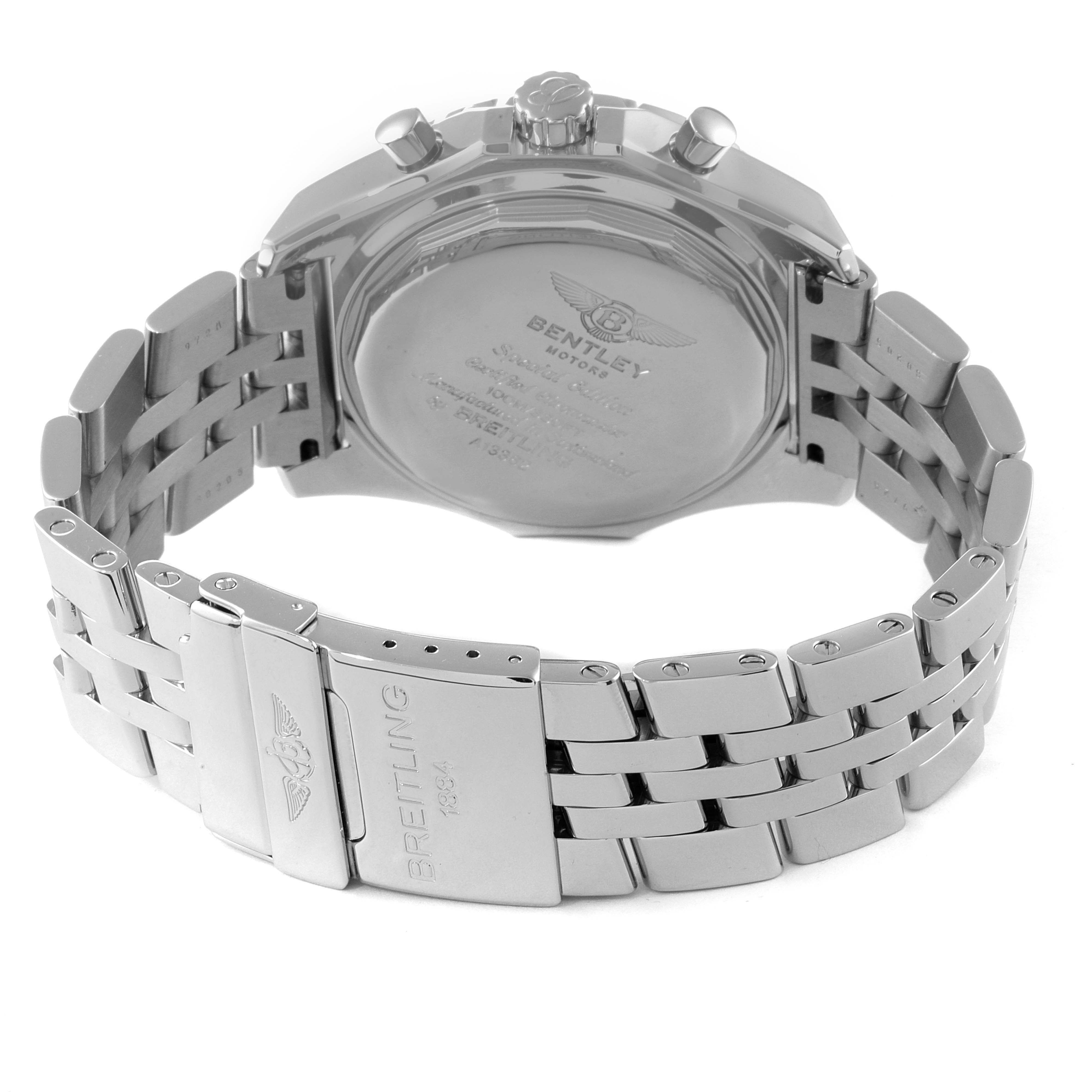 The image shows the back and clasp of a Breitling Bentley A13362 Men's Stainless Steel Black Dial A13362 Men's Stainless Steel Black Dial watch at an angle highlighting the bracelet and case back engravings.