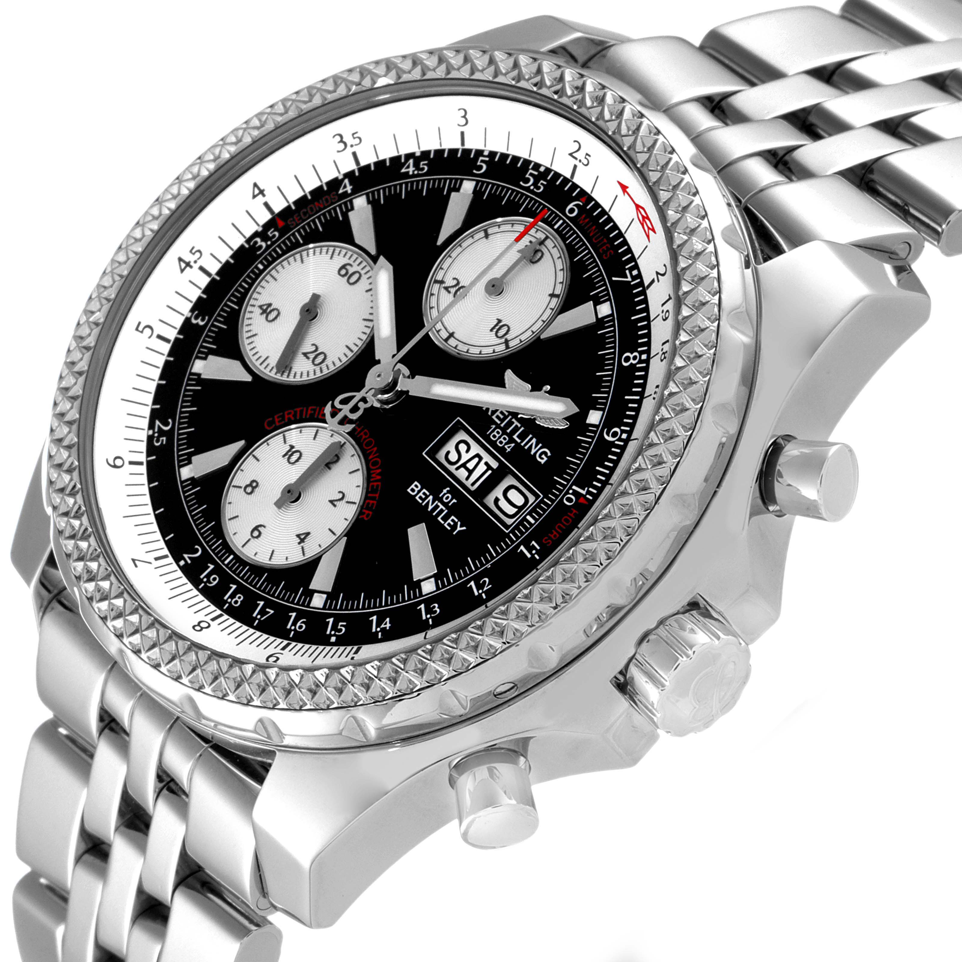 The image shows a side angle of the Breitling Bentley A13362 Men's Stainless Steel Black Dial A13362 Men's Stainless Steel Black Dial model watch, highlighting the dial, bezel, crown, and pushers.