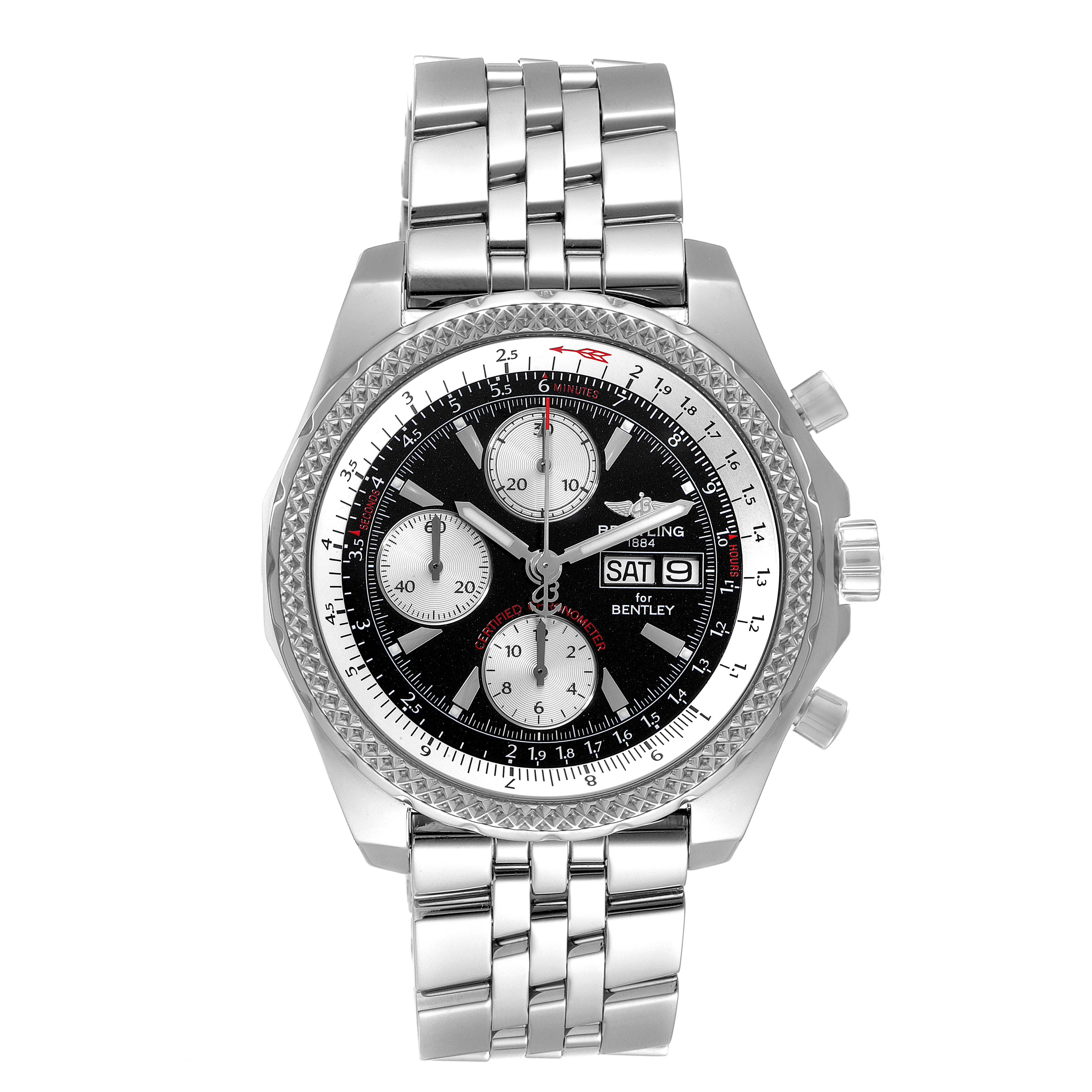 The image shows a front view of a Breitling Bentley A13362 Men's Stainless Steel Black Dial A13362 Men's Stainless Steel Black Dial watch, highlighting the dial, bezel, and stainless steel bracelet.