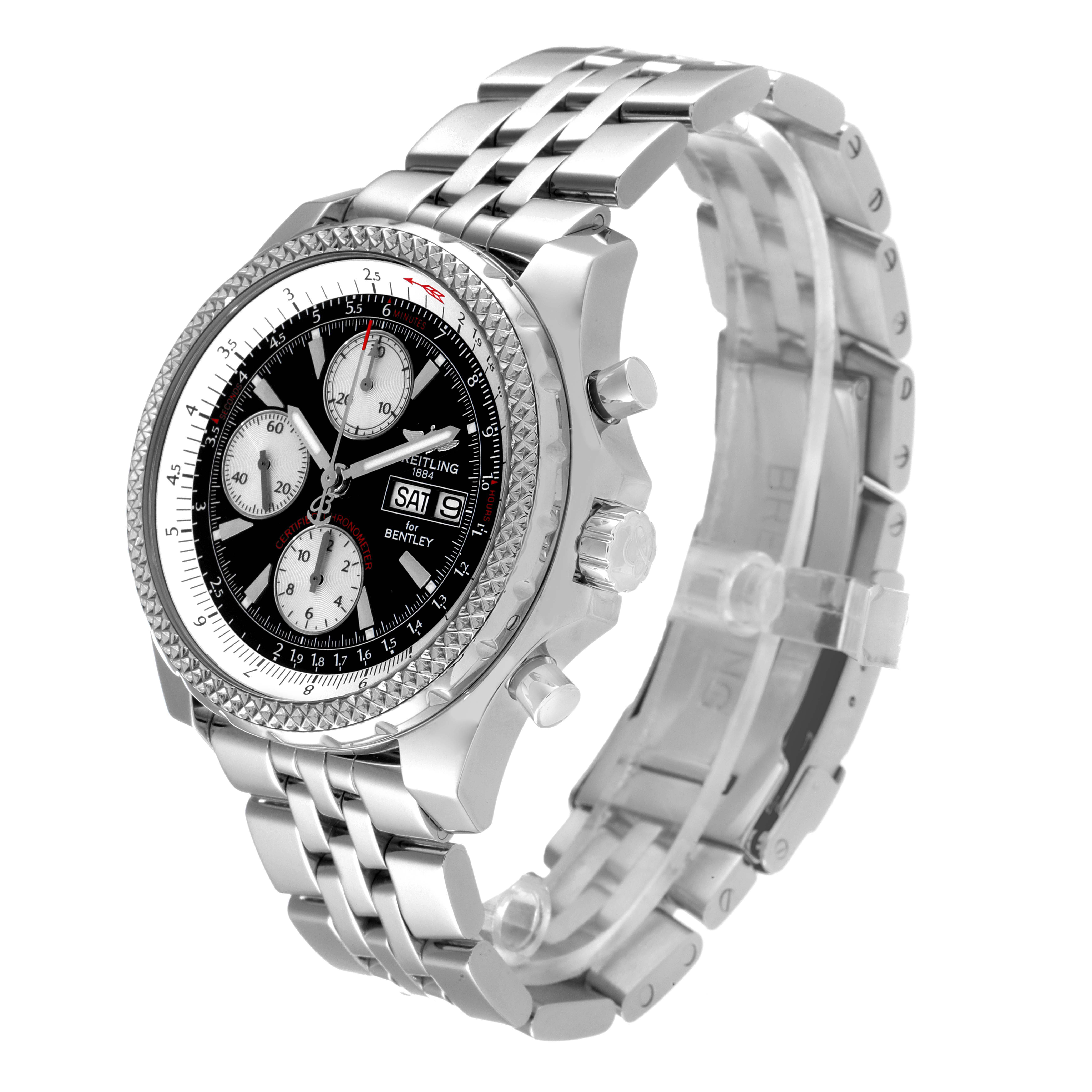 The Breitling Bentley A13362 Men's Stainless Steel Black Dial A13362 Men's Stainless Steel Black Dial watch is shown at a slight angle, displaying its dial, crown, pushers, and metal bracelet.