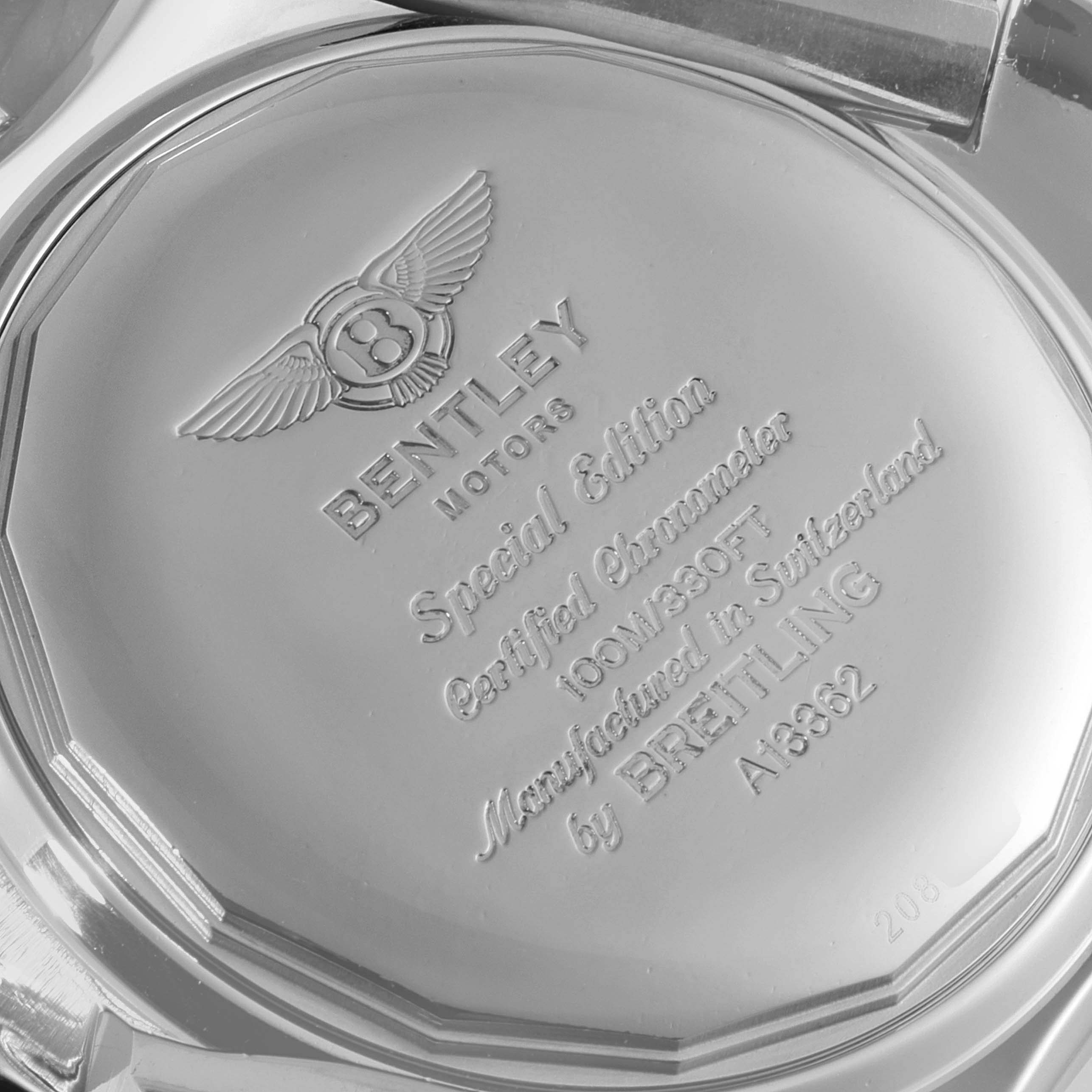 The image shows the back case of a Bentley model watch by Breitling, featuring engraved details and branding.