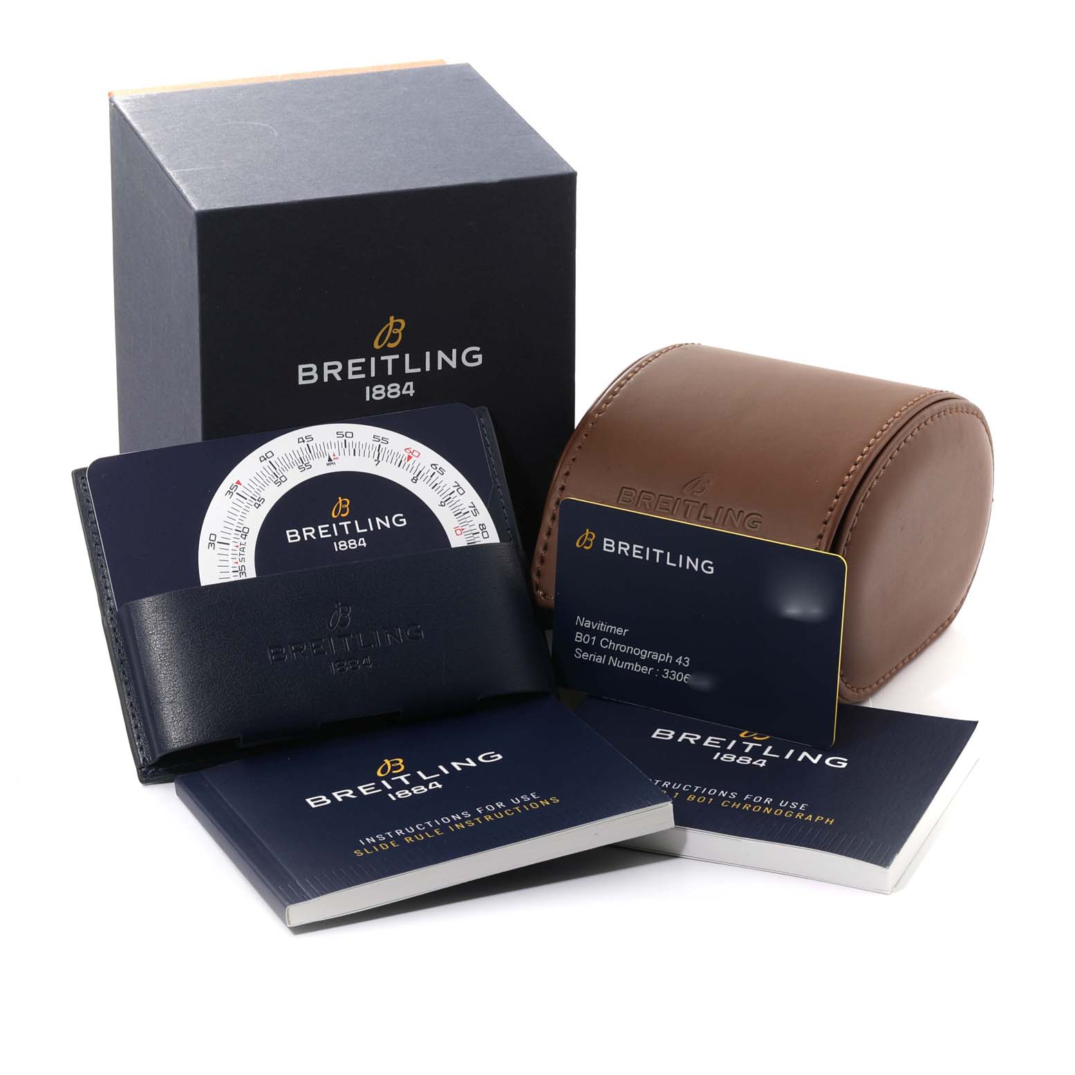 The image shows the packaging and accessories for the Breitling Navitimer AB0121 Men's Stainless Steel Grey Dial AB0121 Men's Stainless Steel Grey Dial BO1 Chronograph 43, including a box, case, manuals, and a warranty card.