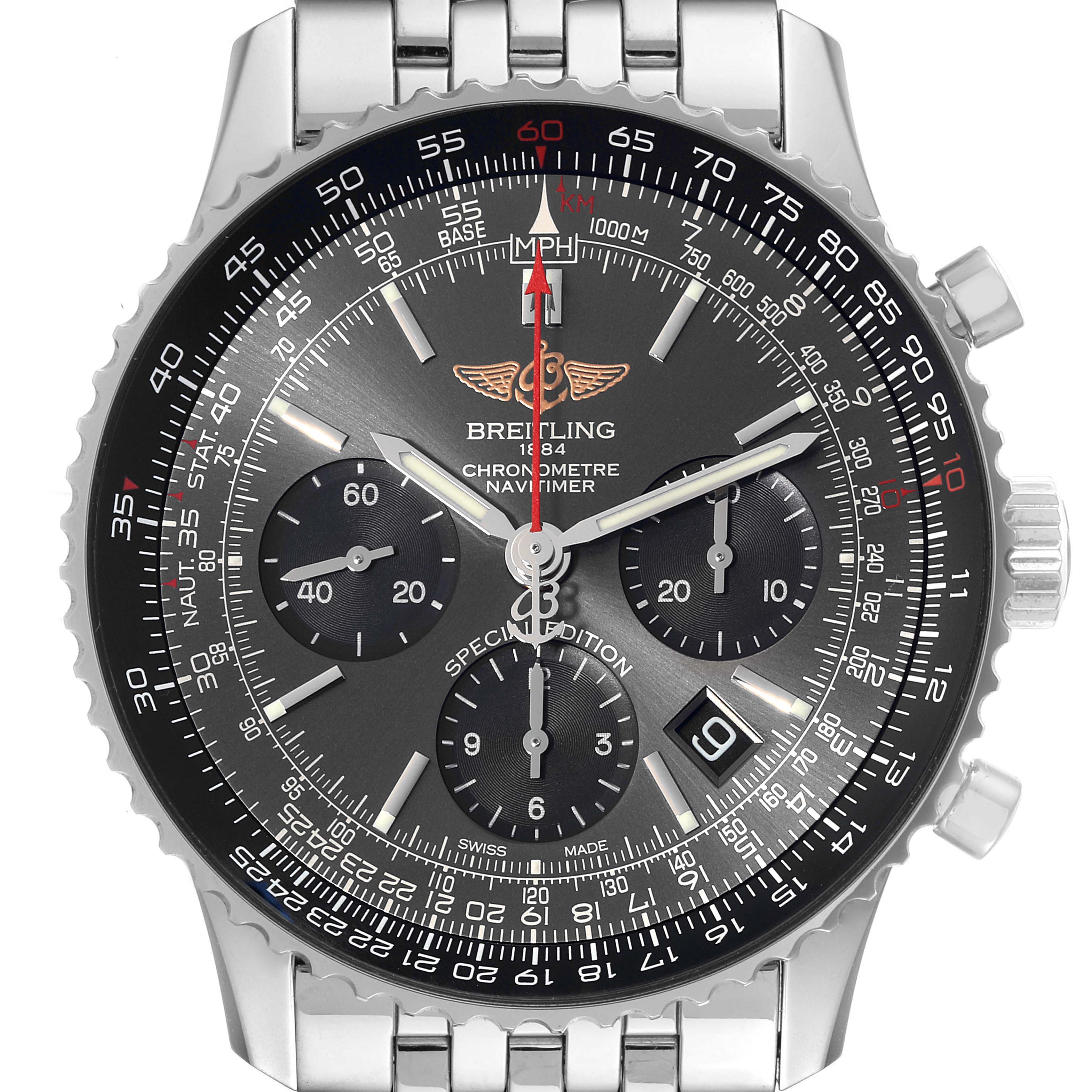 The image shows a front view of a Breitling Navitimer AB0121 Men's Stainless Steel Grey Dial AB0121 Men's Stainless Steel Grey Dial watch, featuring its dial, chronograph subdials, and stainless steel bracelet.