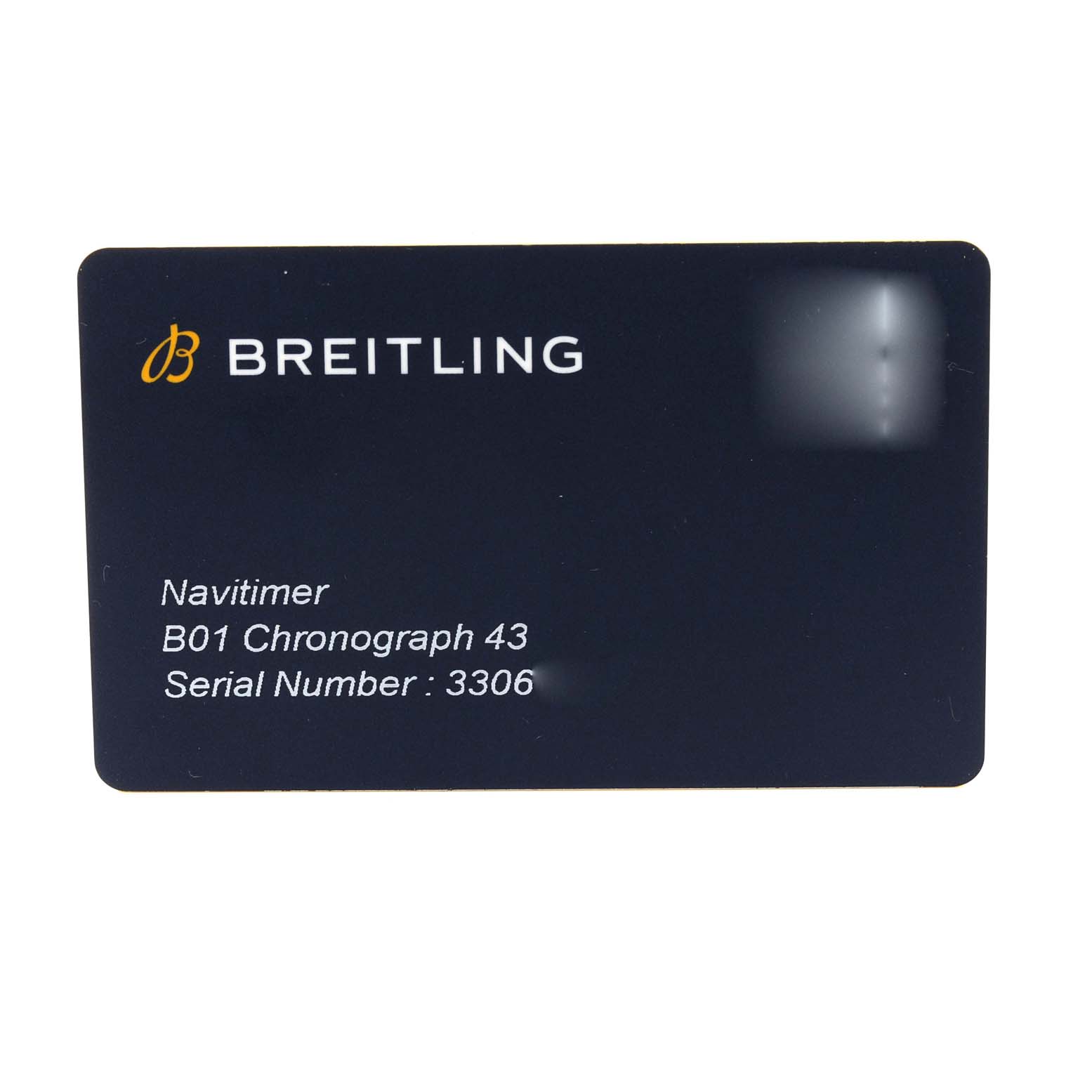 The image shows a warranty card for the Breitling Navitimer AB0121 Men's Stainless Steel Grey Dial AB0121 Men's Stainless Steel Grey Dial B01 Chronograph 43 watch, featuring the serial number.