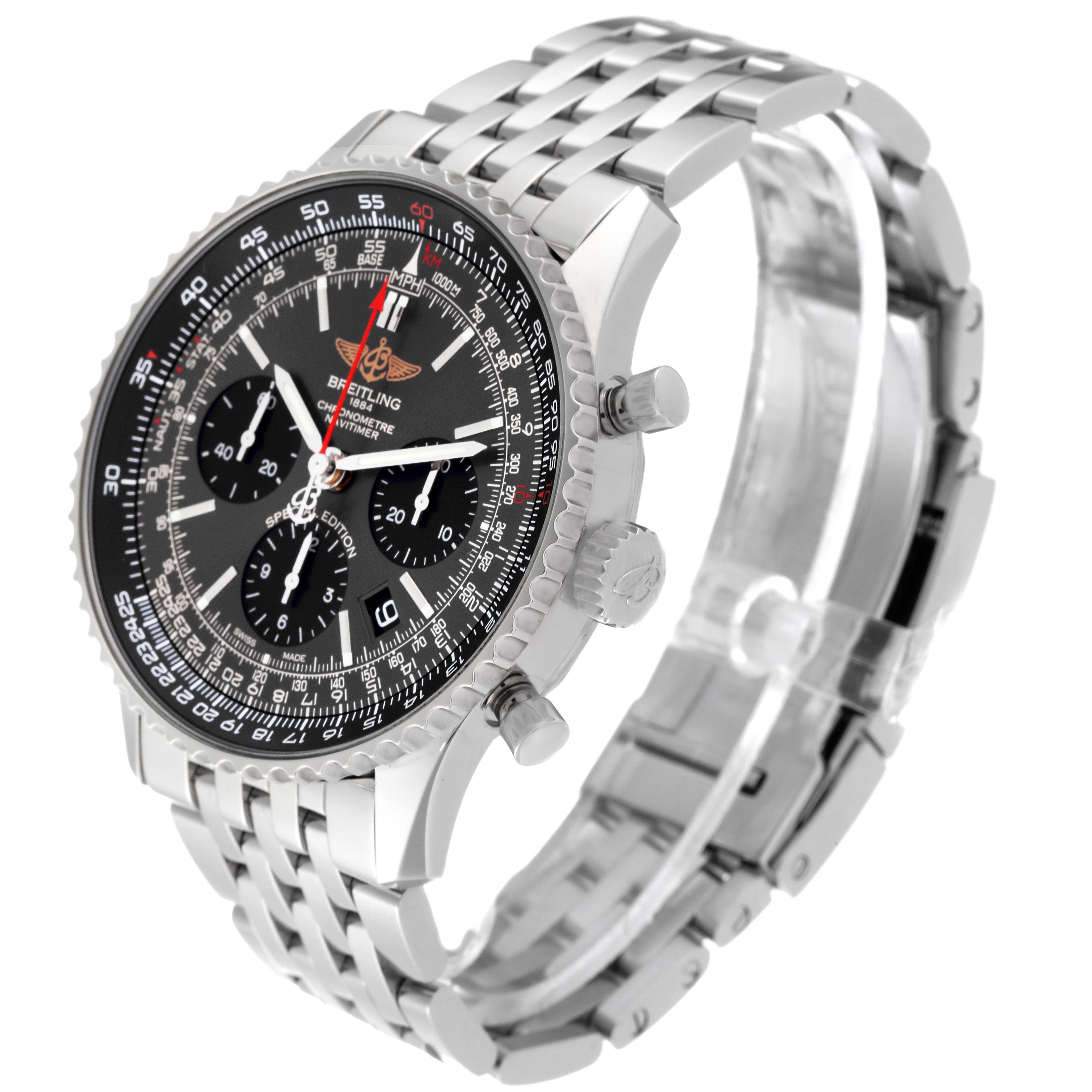 The image shows a Breitling Limited Series watch at a three-quarter angle, highlighting the dial, bezel, and metal bracelet.