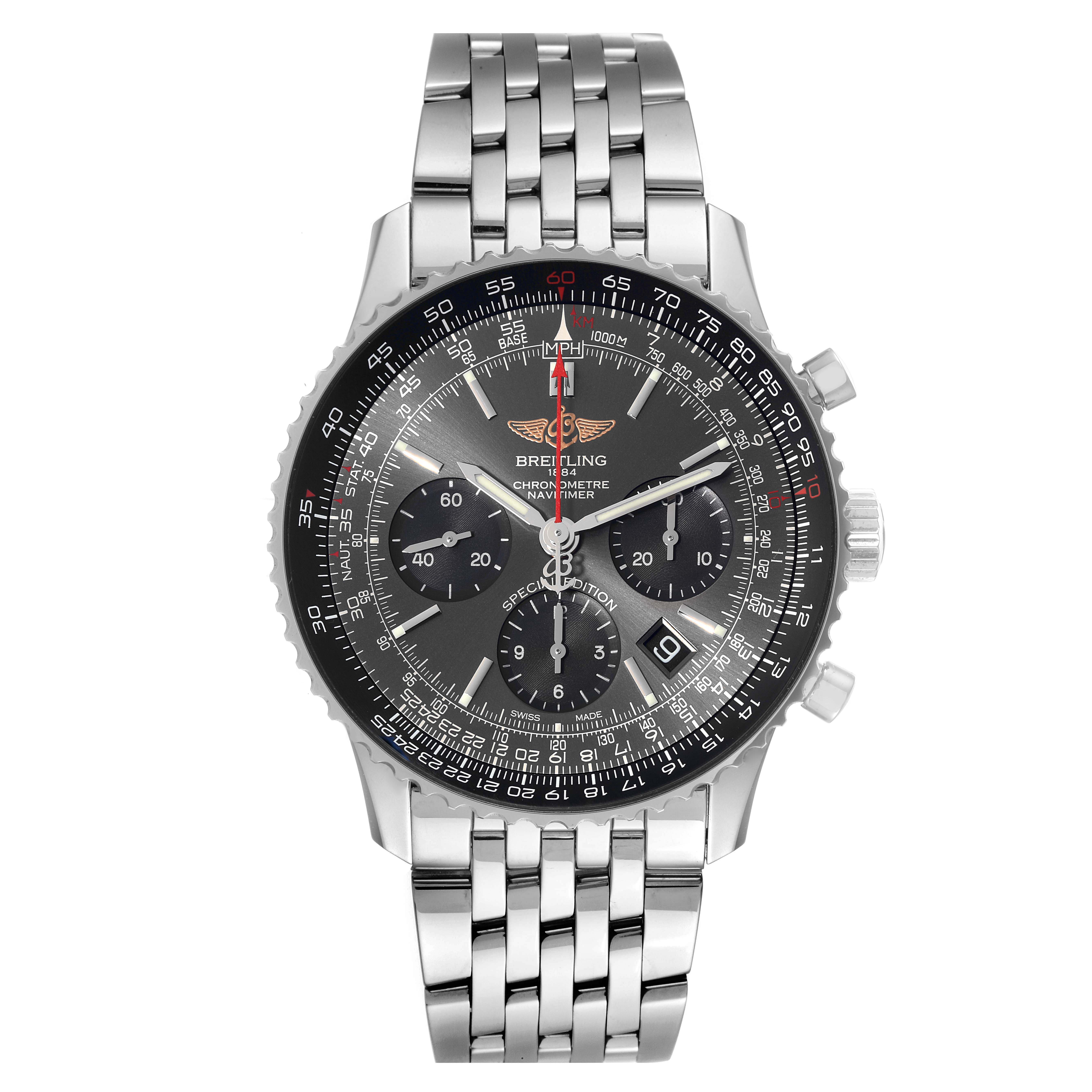 This image shows a front view of the Breitling Navitimer AB0121 Men's Stainless Steel Grey Dial AB0121 Men's Stainless Steel Grey Dial Limited Series watch, displaying its face, bezel, and metal bracelet.
