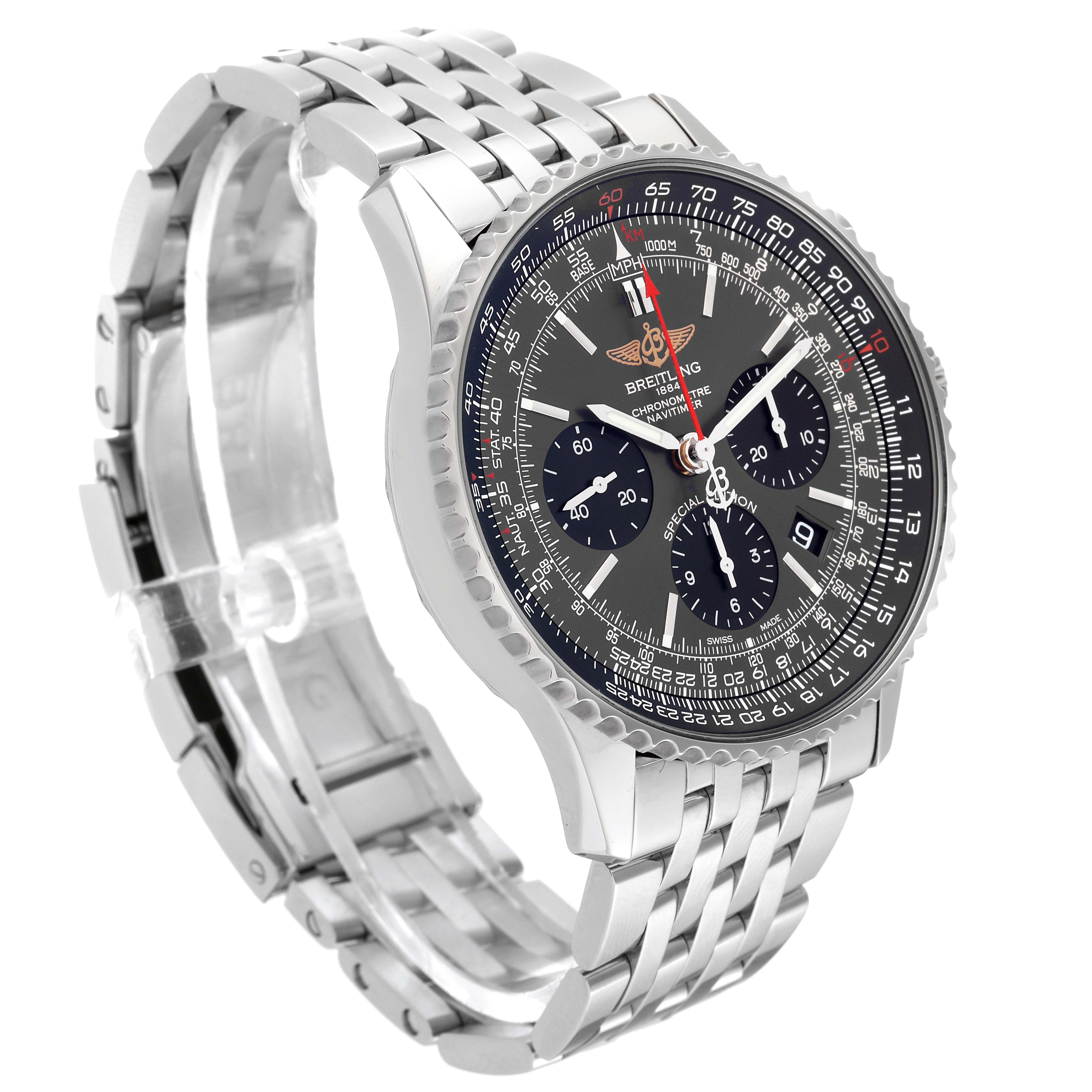 The image shows a Breitling Limited Series model watch, emphasizing its face, bezel, and metallic bracelet from a side angle.