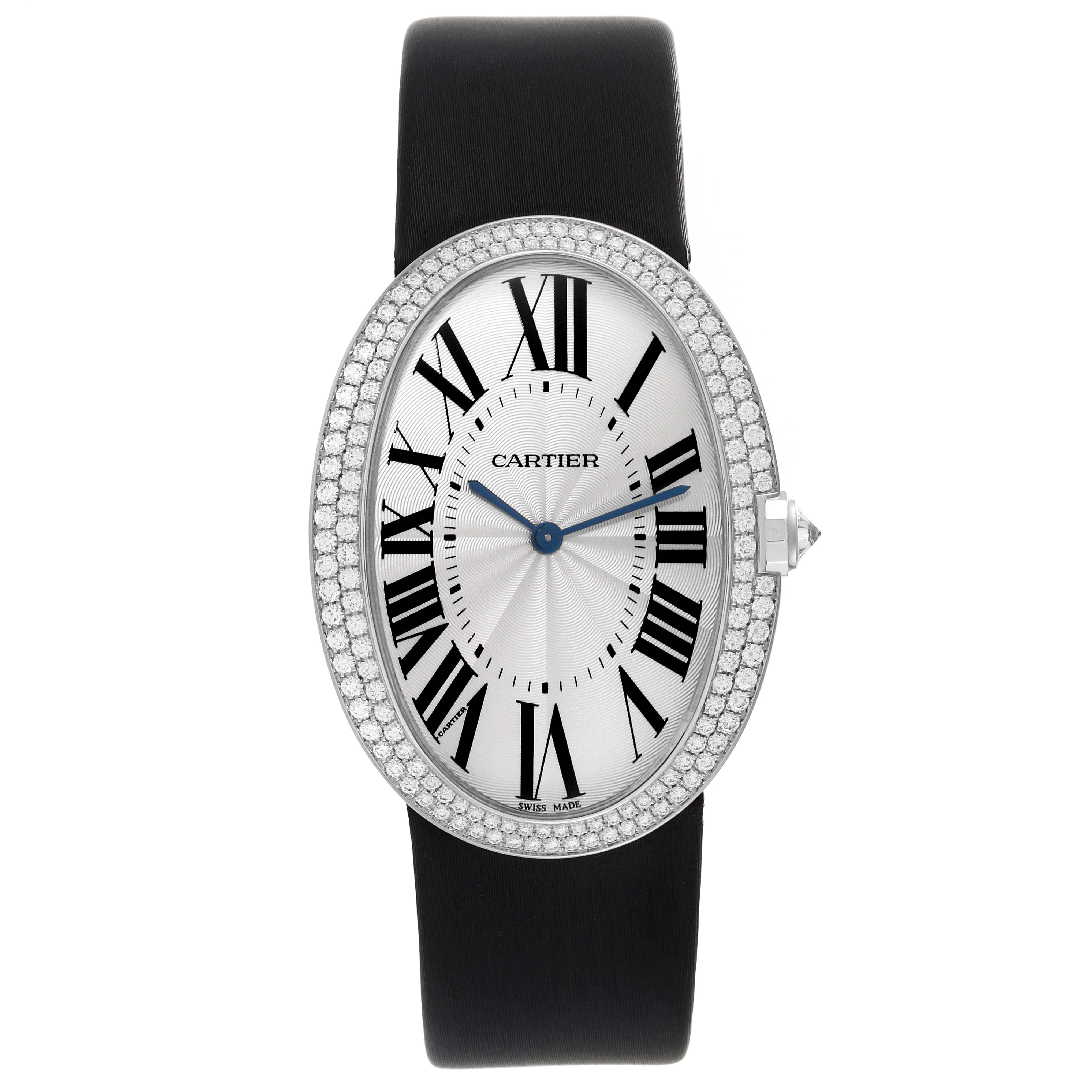 The image shows a frontal view of the Cartier Baignoire WB520009 Women's White Gold Silver Dial WB520009 Women's White Gold Silver Dial watch, displaying its oval face, black strap, and diamond-studded bezel.