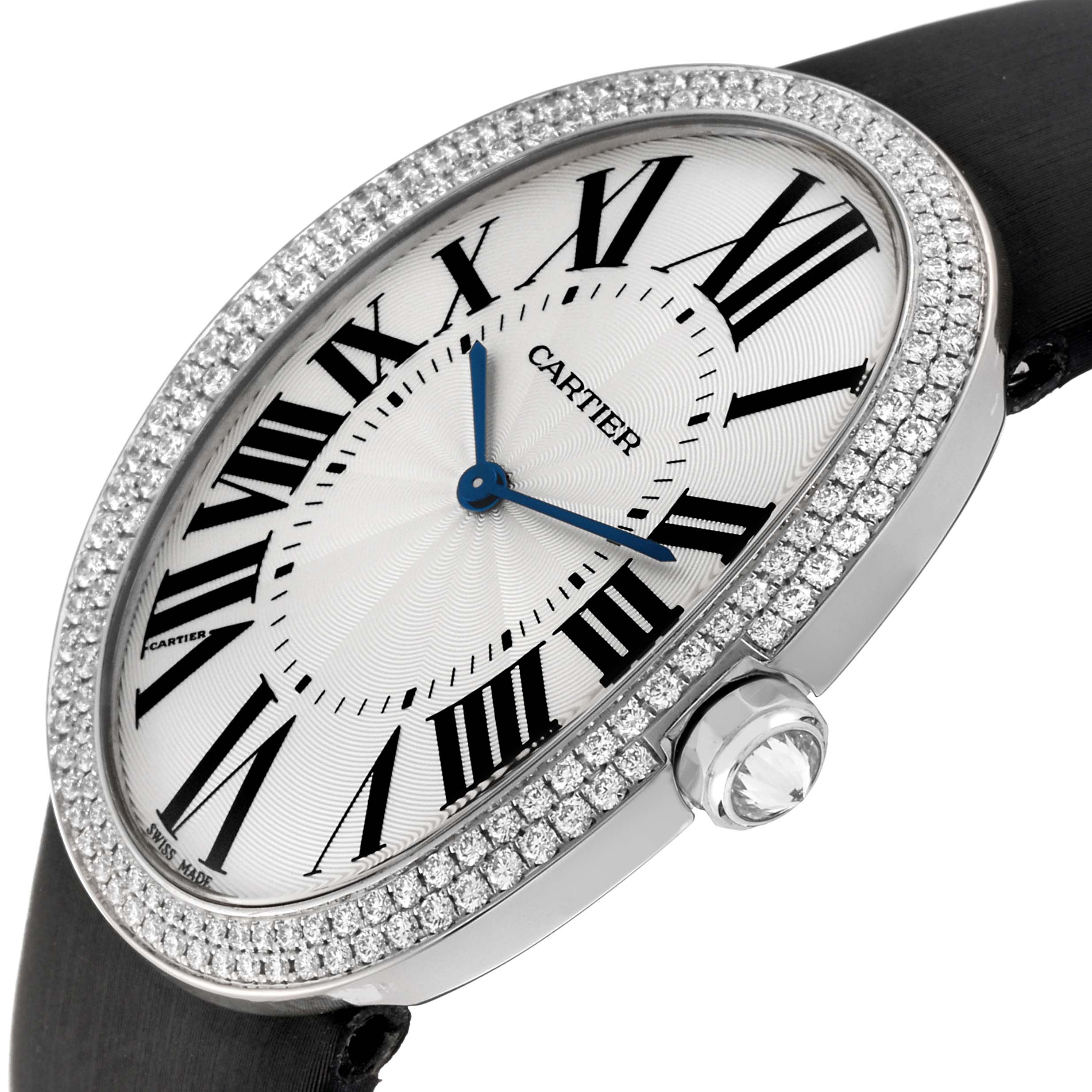 This image shows a close-up of the Cartier Baignoire WB520009 Women's White Gold Silver Dial WB520009 Women's White Gold Silver Dial watch, highlighting its diamond-set bezel, dial, and crown.