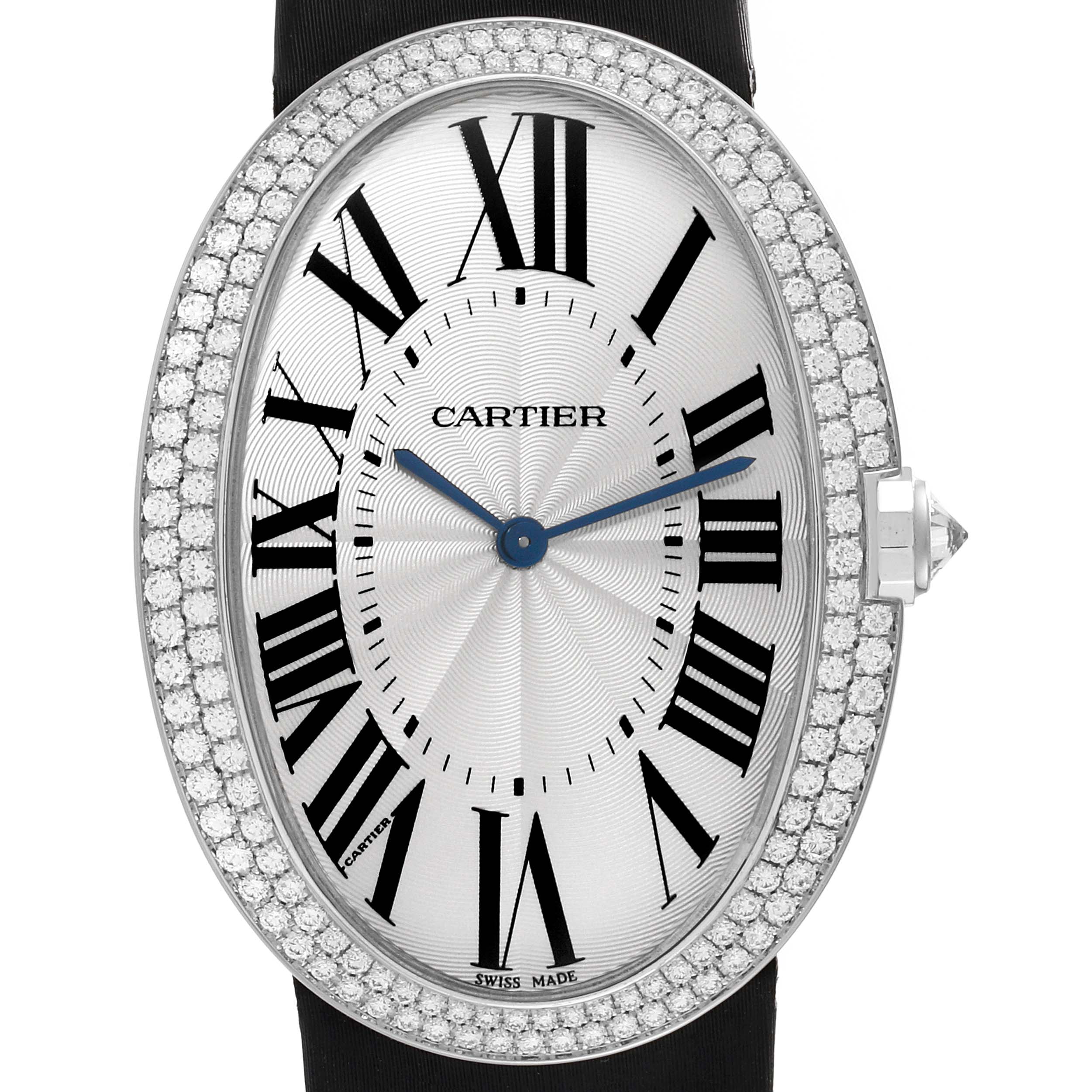 The image shows a close-up, front view of the Cartier Baignoire WB520009 Women's White Gold Silver Dial WB520009 Women's White Gold Silver Dial watch, highlighting its oval face, Roman numeral indices, and diamond bezel.