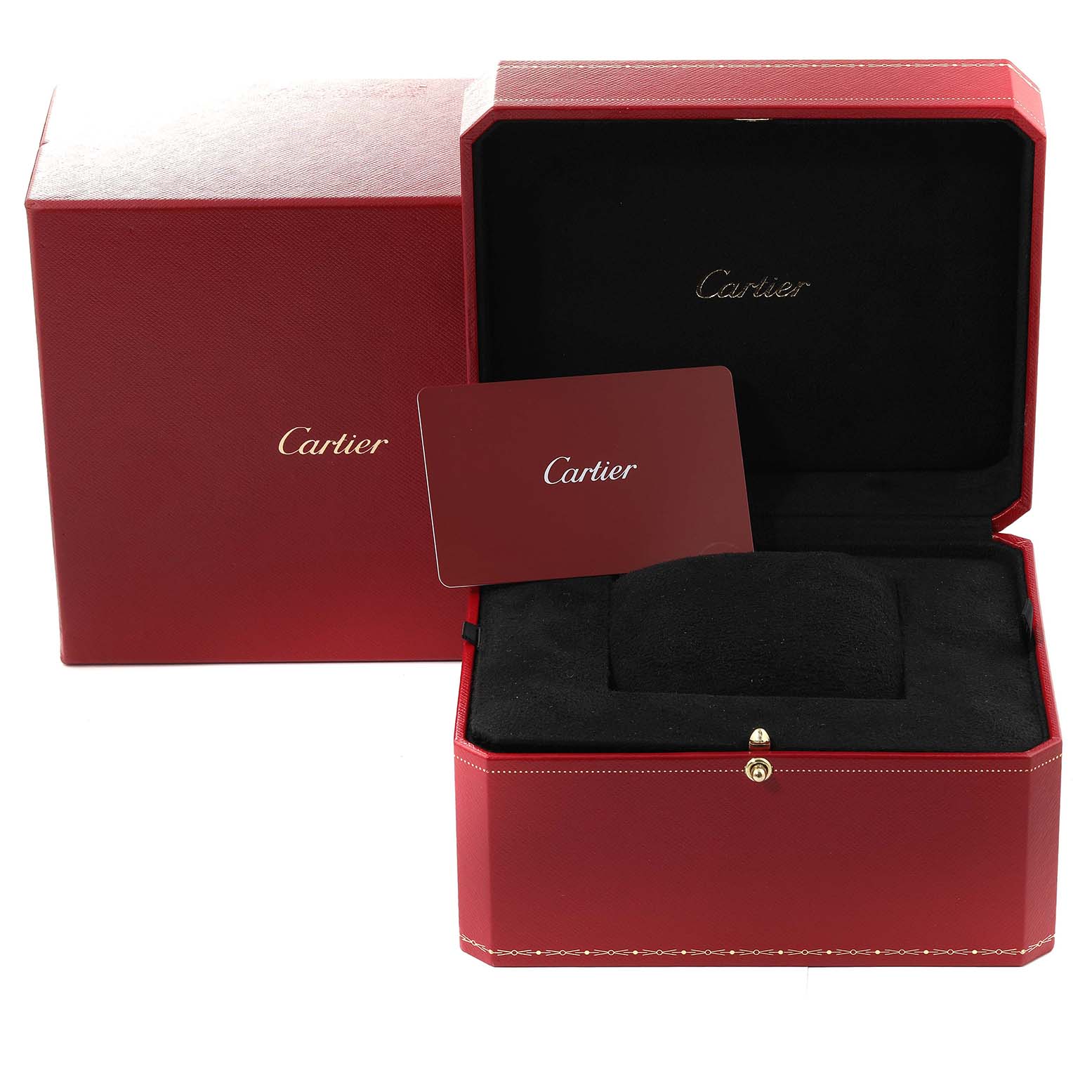 The image shows the packaging, box, and warranty card for a Cartier Baignoire WB520009 Women's White Gold Silver Dial WB520009 Women's White Gold Silver Dial watch.