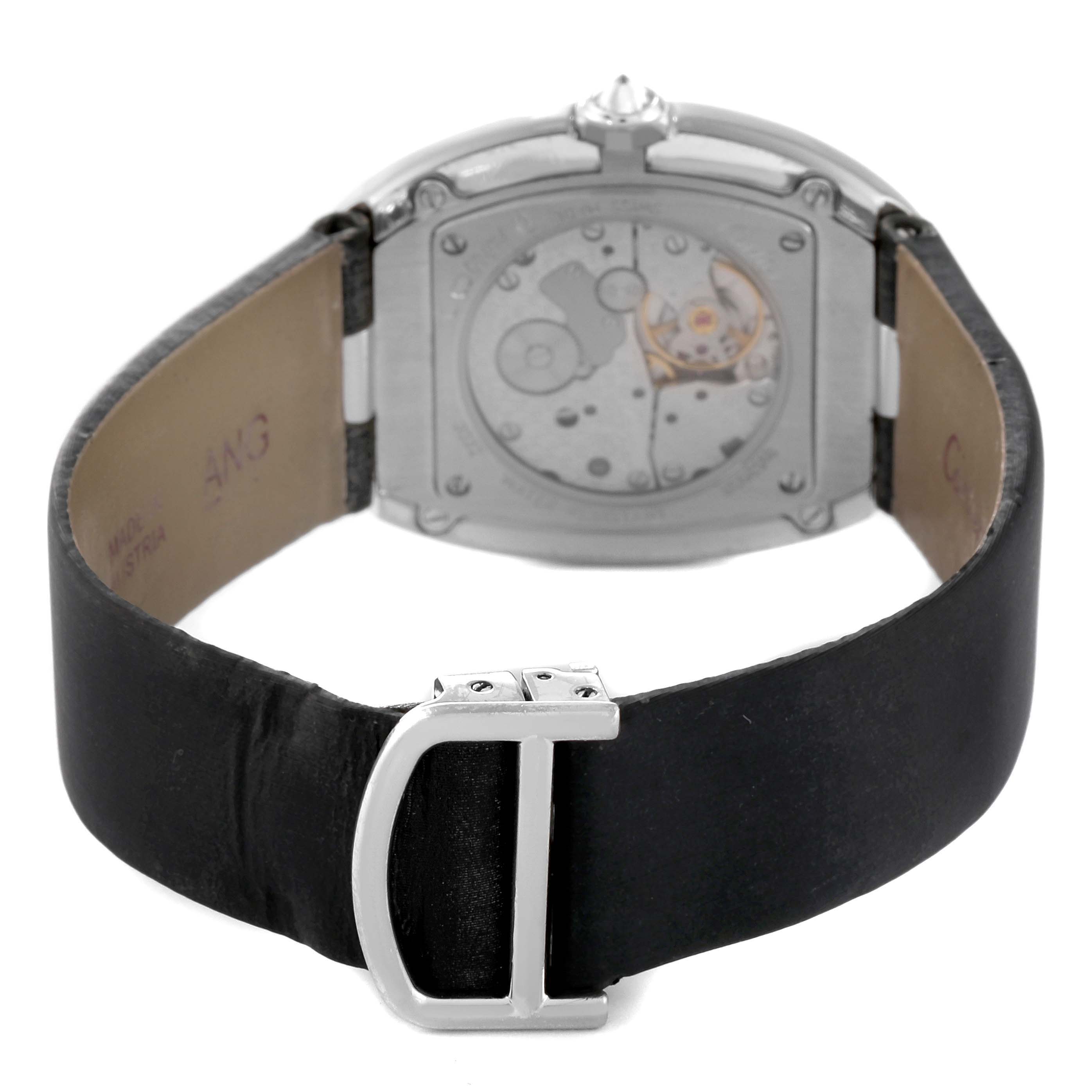 The image shows the back view of the Cartier Baignoire WB520009 Women's White Gold Silver Dial WB520009 Women's White Gold Silver Dial watch, featuring the movement and black leather strap with a buckle.