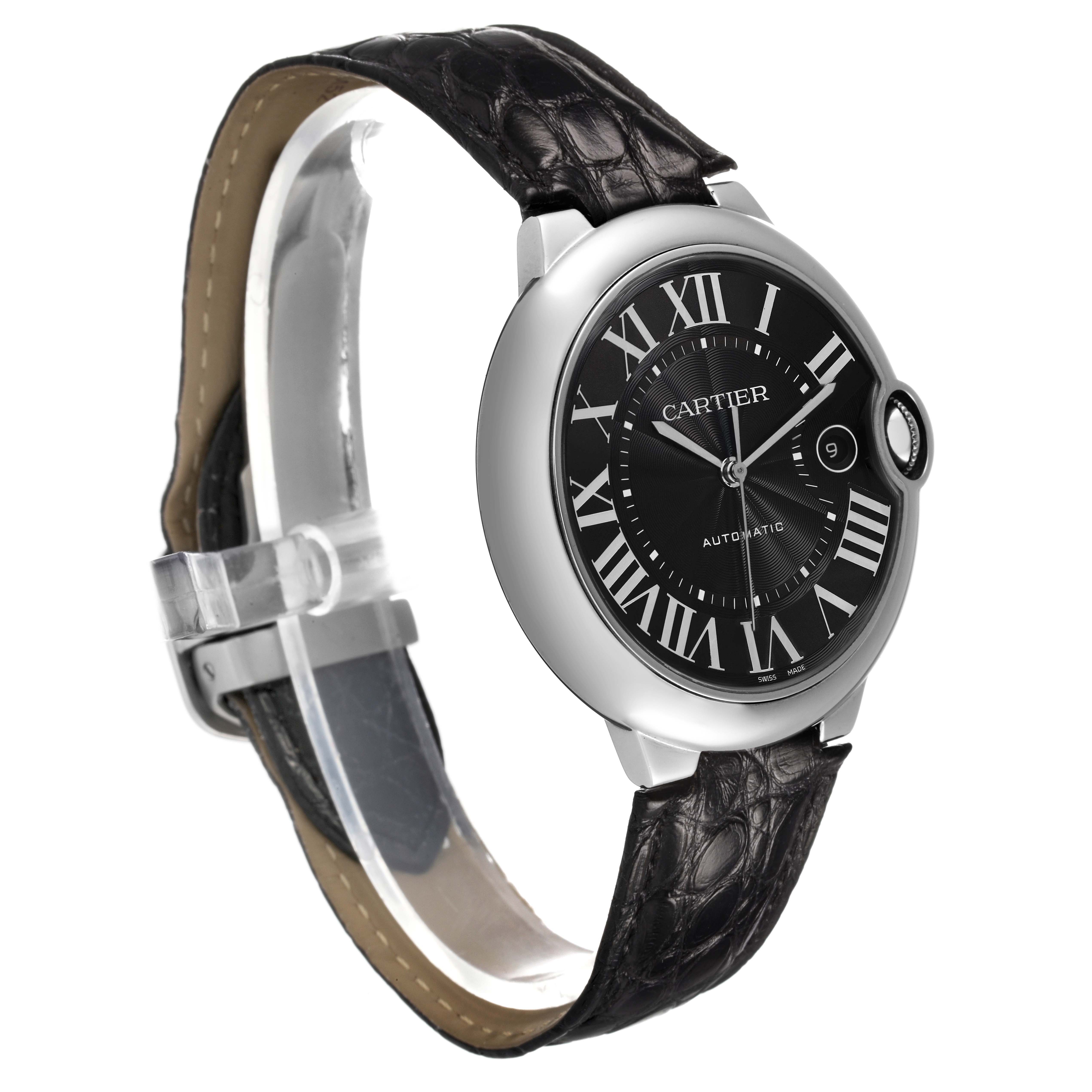 The Cartier Ballon Bleu WSBB0003 Men's Stainless Steel Black Dial watch is shown at a slight angle, highlighting the face, leather strap, and crown.