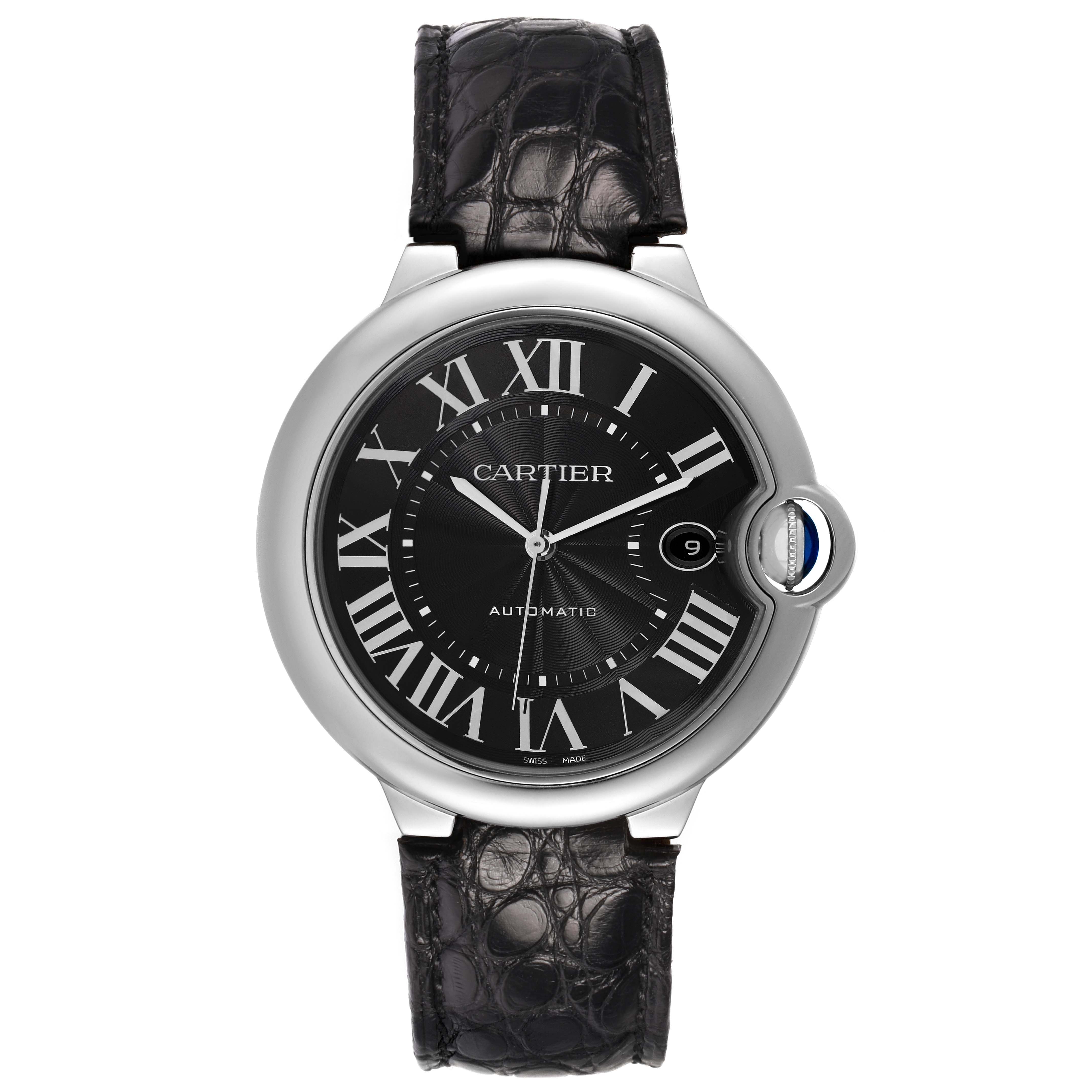 The Cartier Ballon Bleu WSBB0003 Men's Stainless Steel Black Dial watch is shown from the front, displaying the dial, case, and alligator strap.