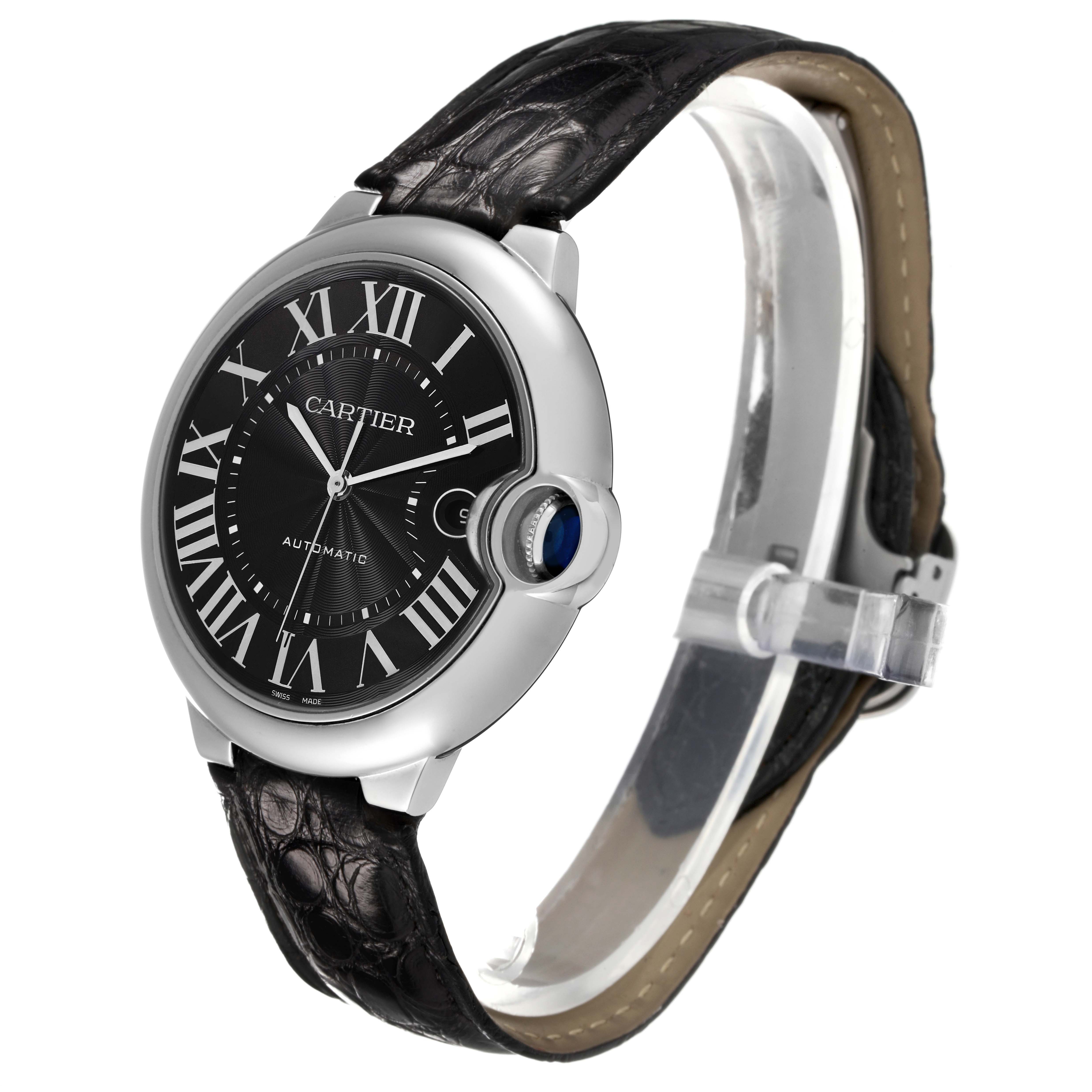 The Cartier Ballon Bleu WSBB0003 Men's Stainless Steel Black Dial watch is shown at a slight angle, displaying its face, unique crown, and leather strap.