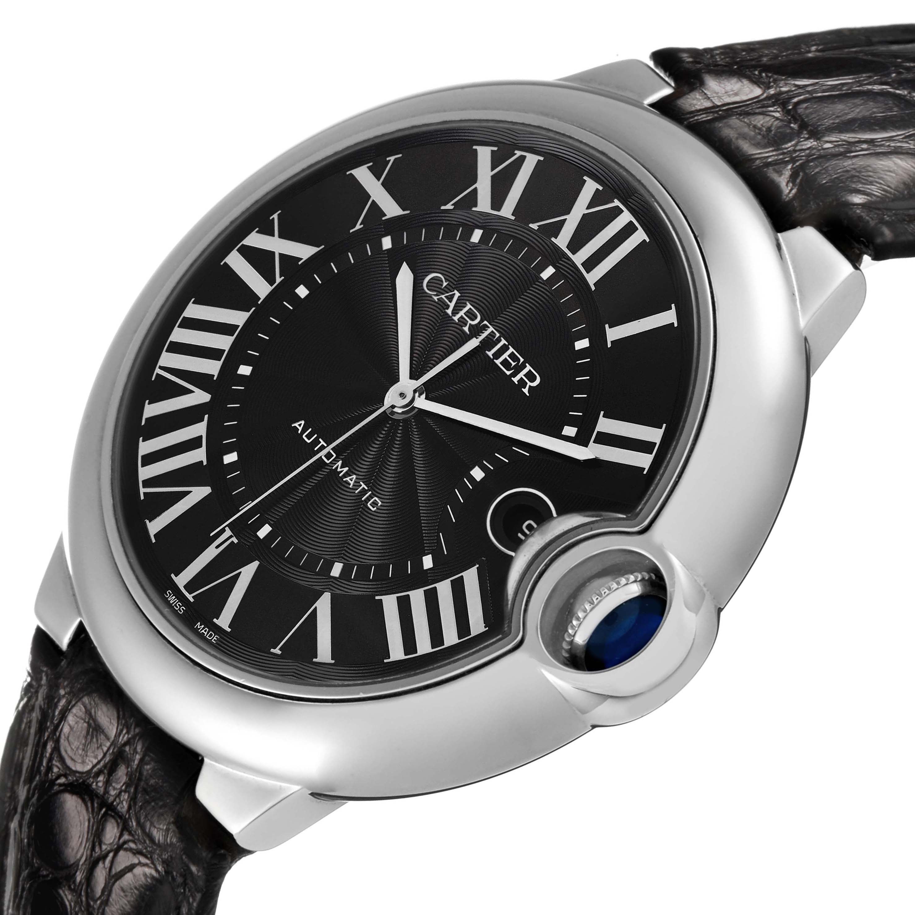 The Cartier Ballon Bleu WSBB0003 Men's Stainless Steel Black Dial watch is shown at a tilted angle, highlighting the black dial, Roman numerals, crown, and strap.